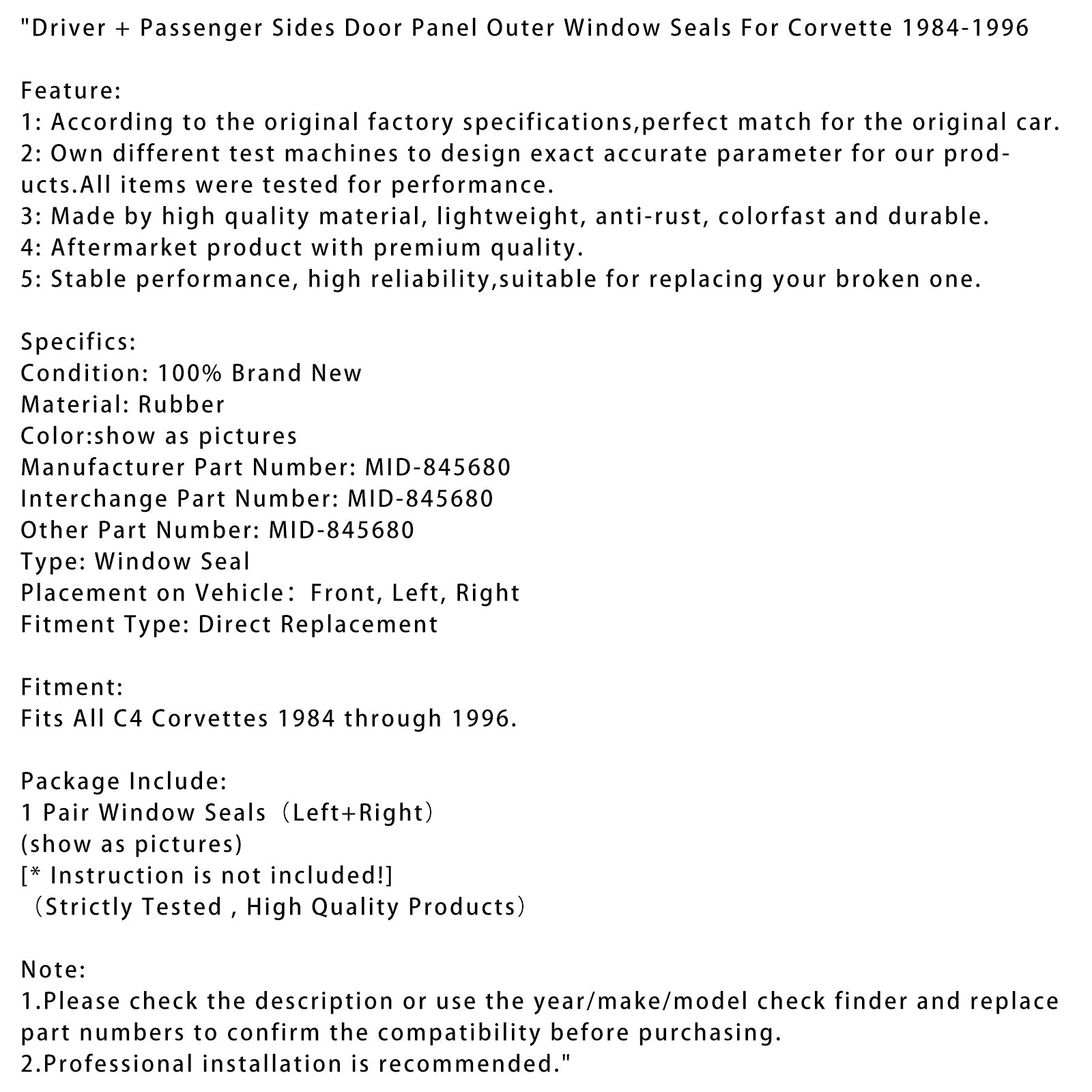 Driver + Passenger Sides Door Panel Outer Window Seals For Corvette 1984-1996