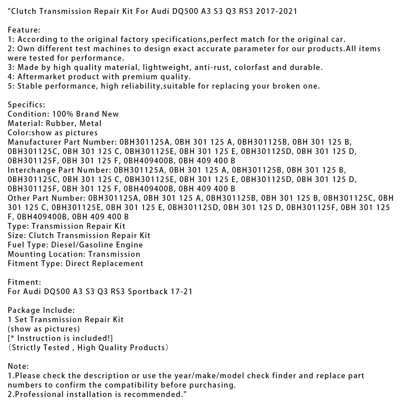 2017-2021 Audi DQ500 A3 S3 Q3 RS3 Sportback Clutch Transmission Repair Kit 0BH301125A 0BH301125E