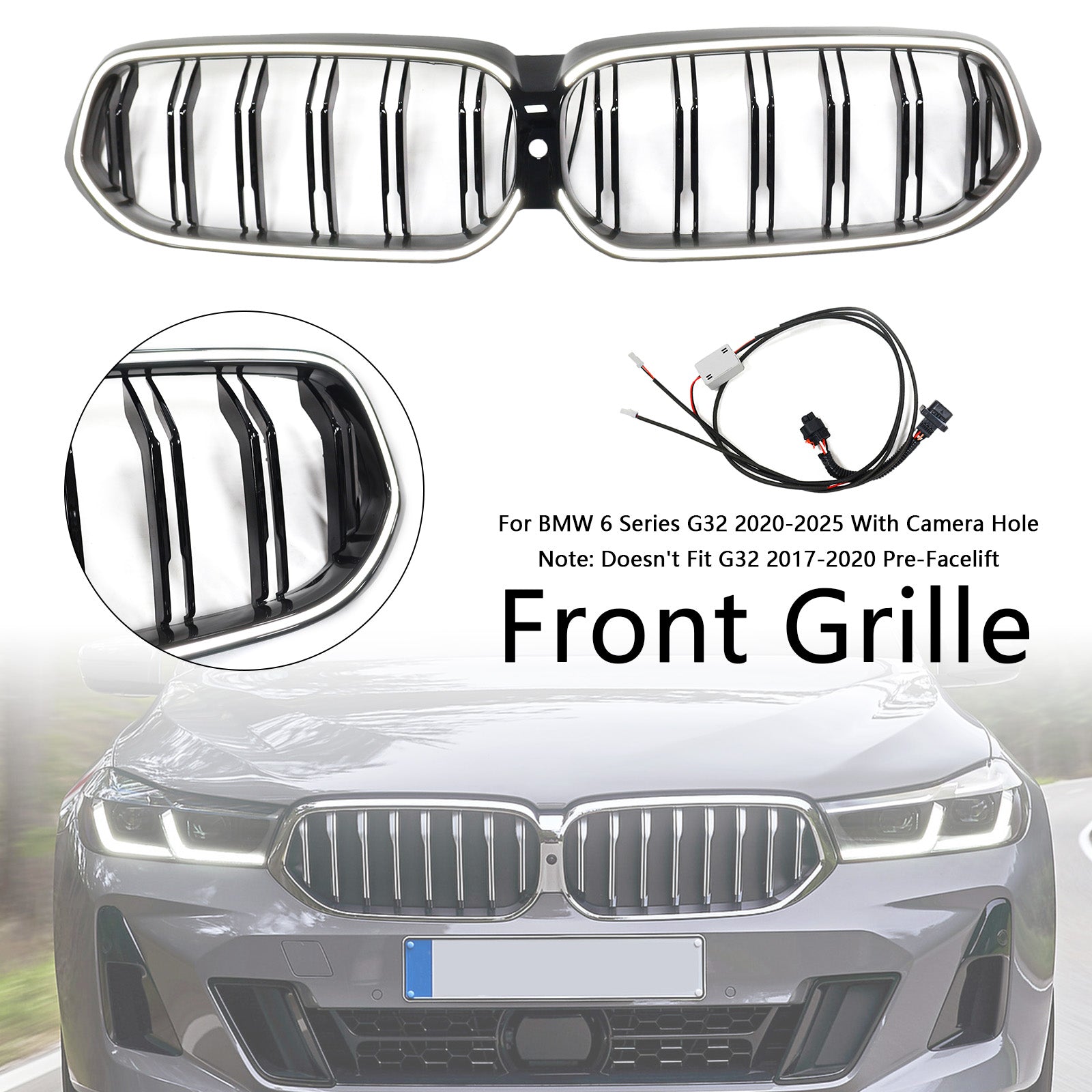 Double Slat Black Front Kidney Grill Grille Fit BMW 6 Series G32 2020-2025
