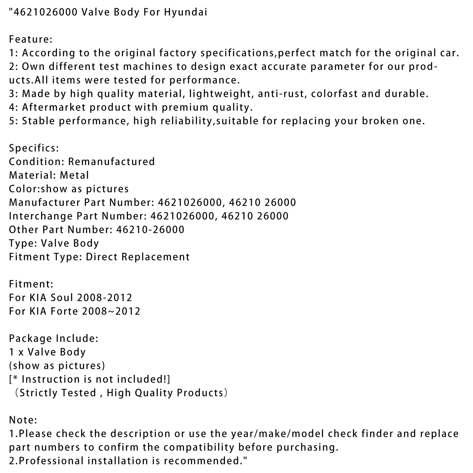 2008~2012 KIA Forte Valve Body 4621026000 46210-26000 46210 26000