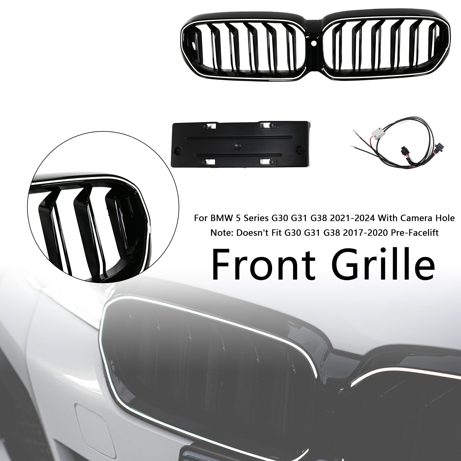 Double Slat Front Kidney Grille Fit BMW 5 Series G30 G38 2021-2024 Gloss Black