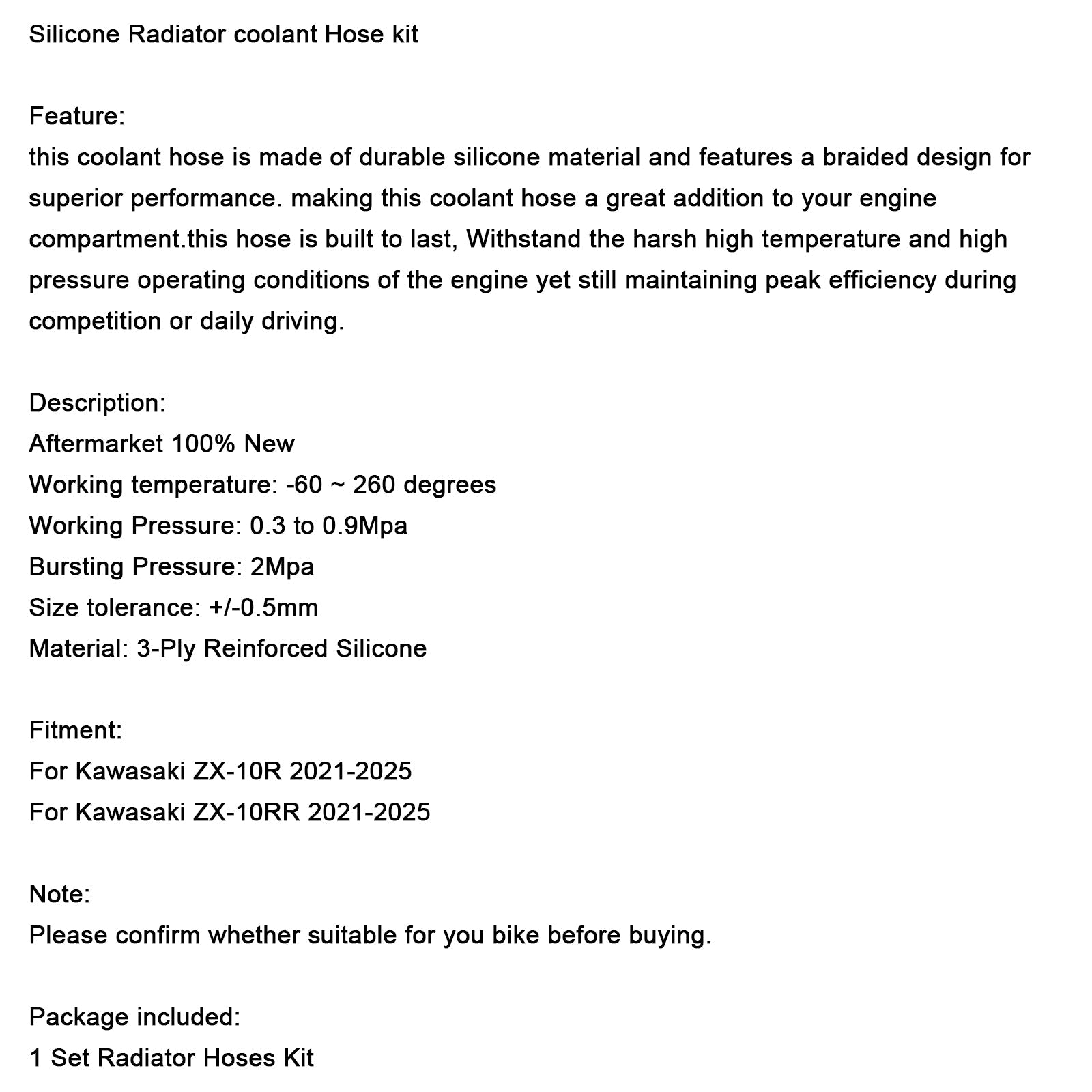 2021-2025 Kawasaki ZX10R ZX-10RR Silicone Radiator coolant Hose