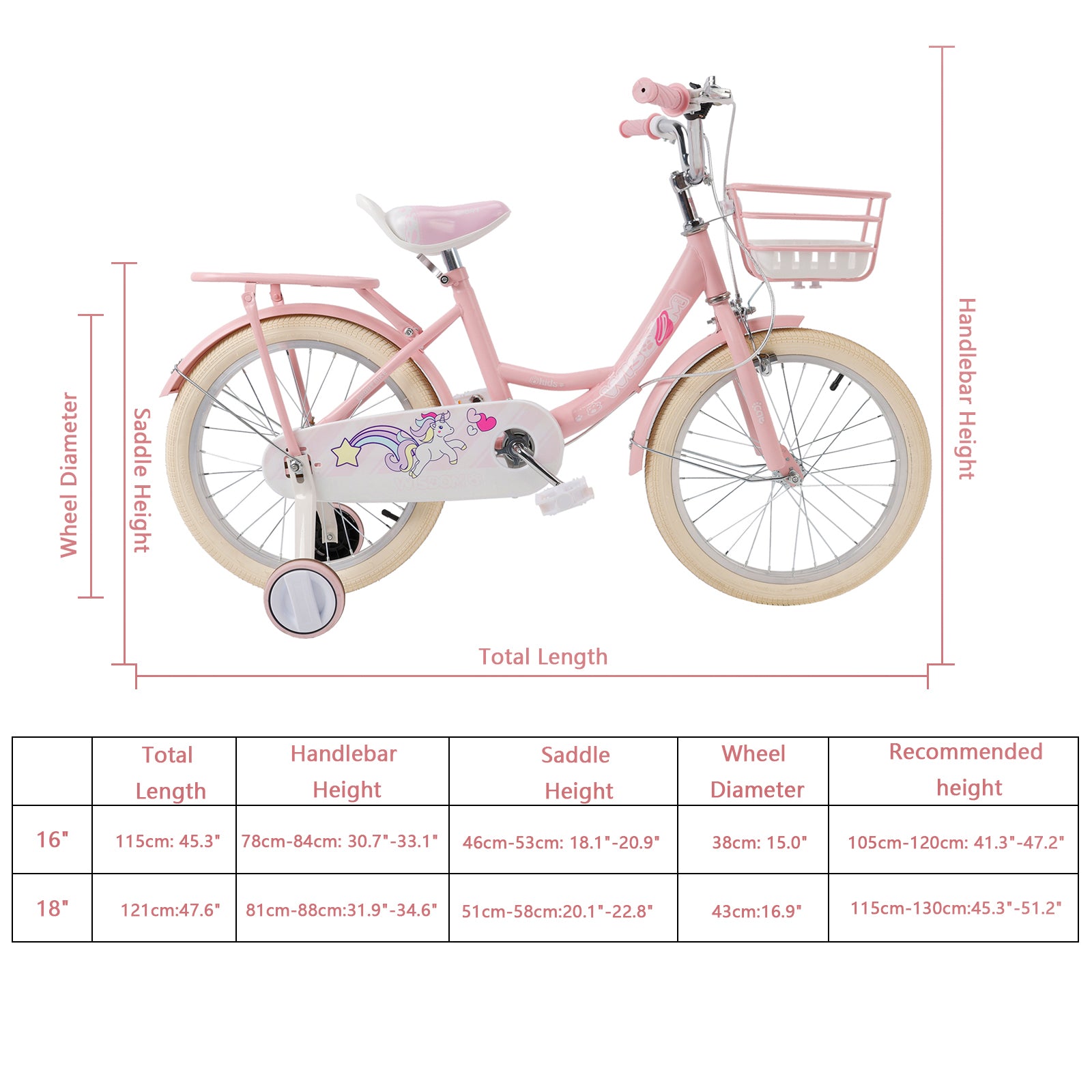 16" Child Bicycle Girls Bike with auxiliary wheels & Rack & Basket Pink