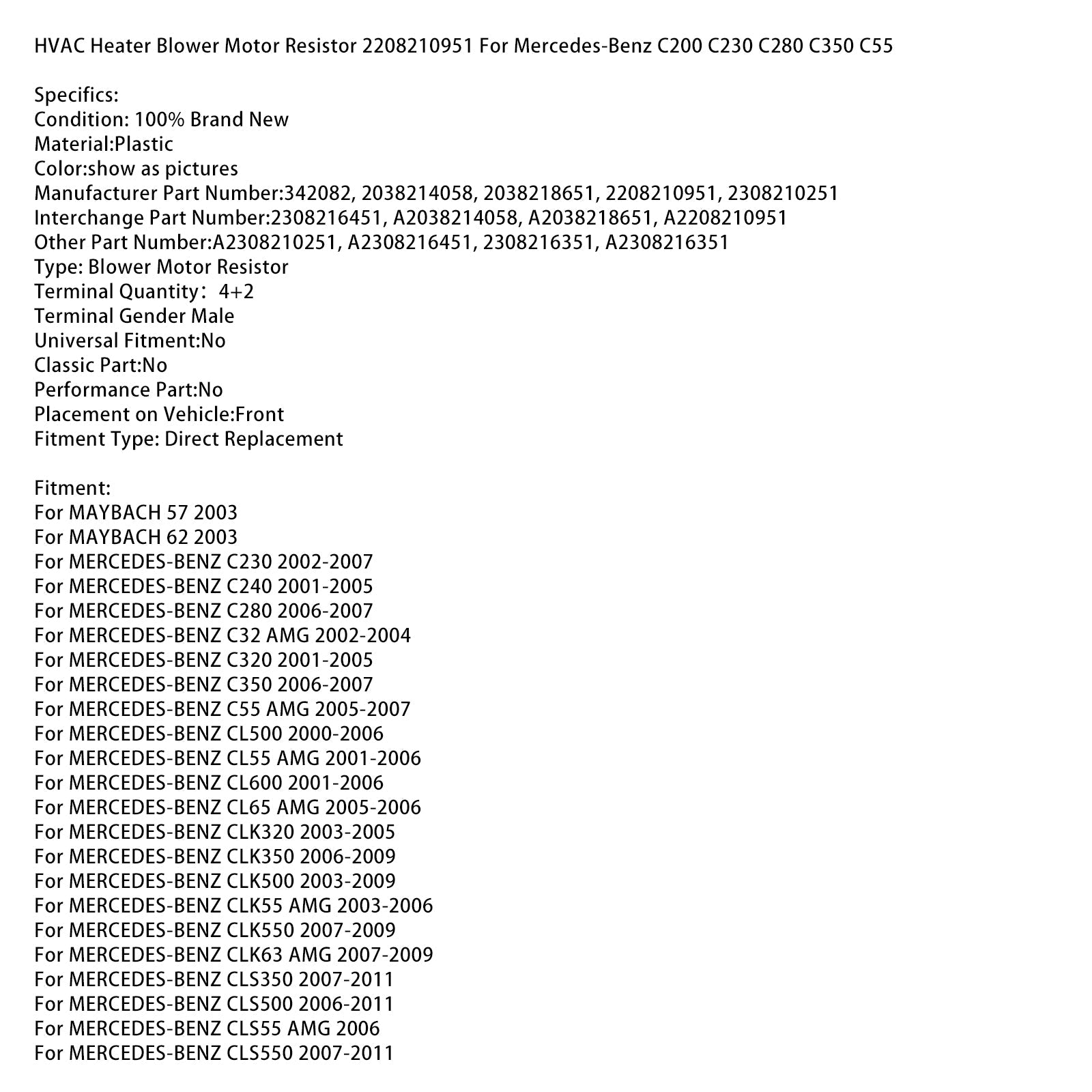 HVAC Heater Blower Motor Resistor 2208210951 For Mercedes-Benz C200 C230 C280