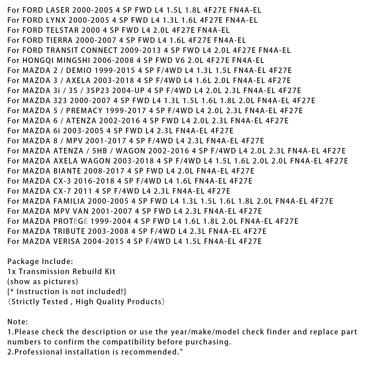 2011 MAZDA CX-7 4 SP F/4WD L4 2.3L FN4A-EL 4F27E Transmission Banner Rebuild Kit 99-UP W/Pistons