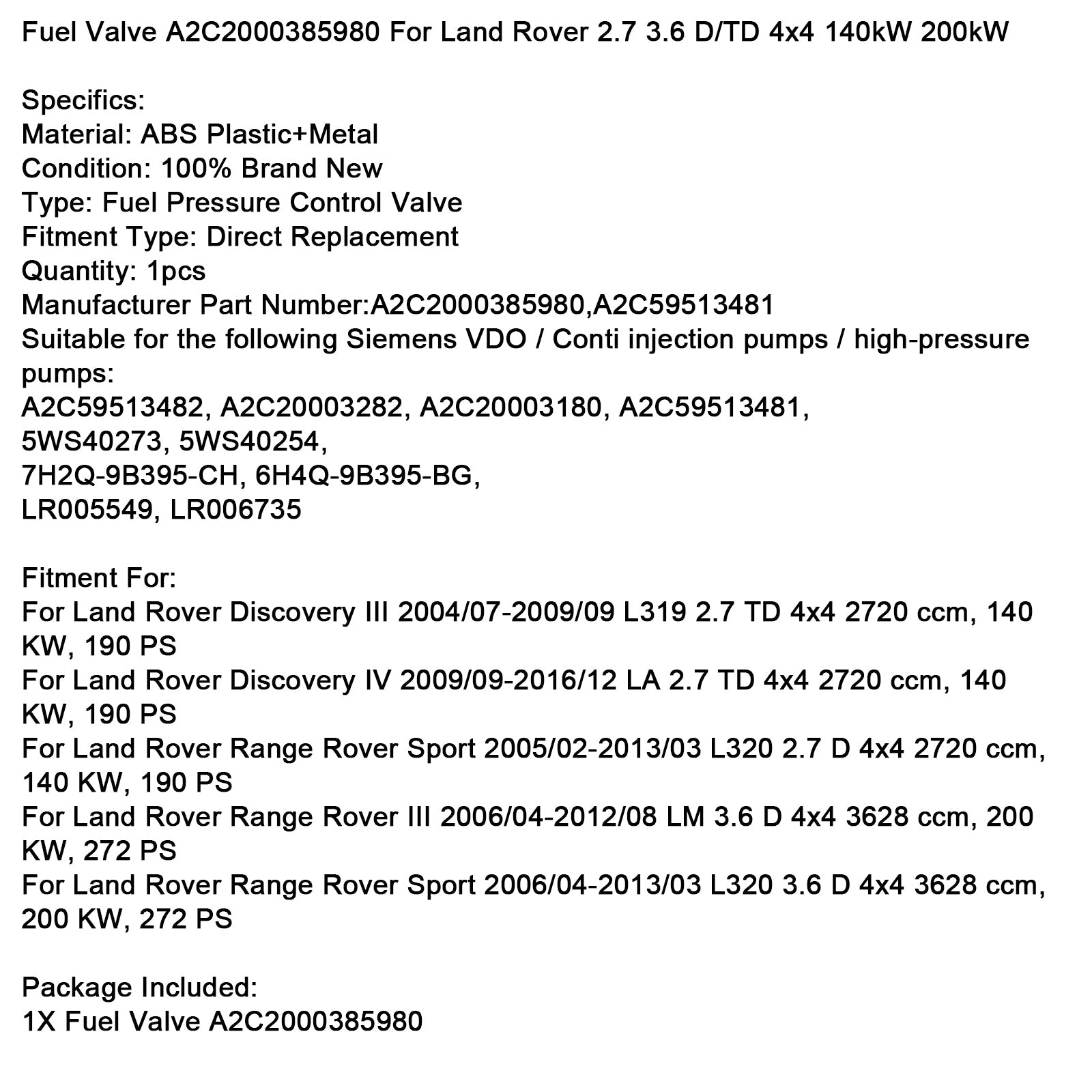 2005/02-2013/03 Land Rover Range Rover Sport L320 2.7 D Fuel Pressure Control Valve A2C2000385980