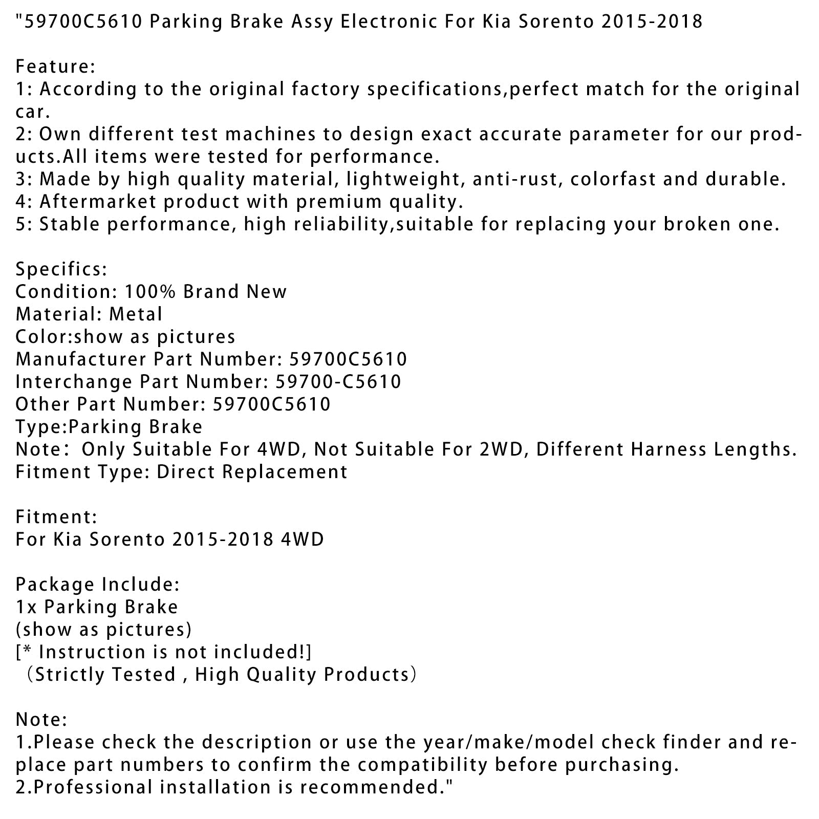 2015-2018 Kia Sorento 4WD Parking Brake Assy Electronic 59700C5610