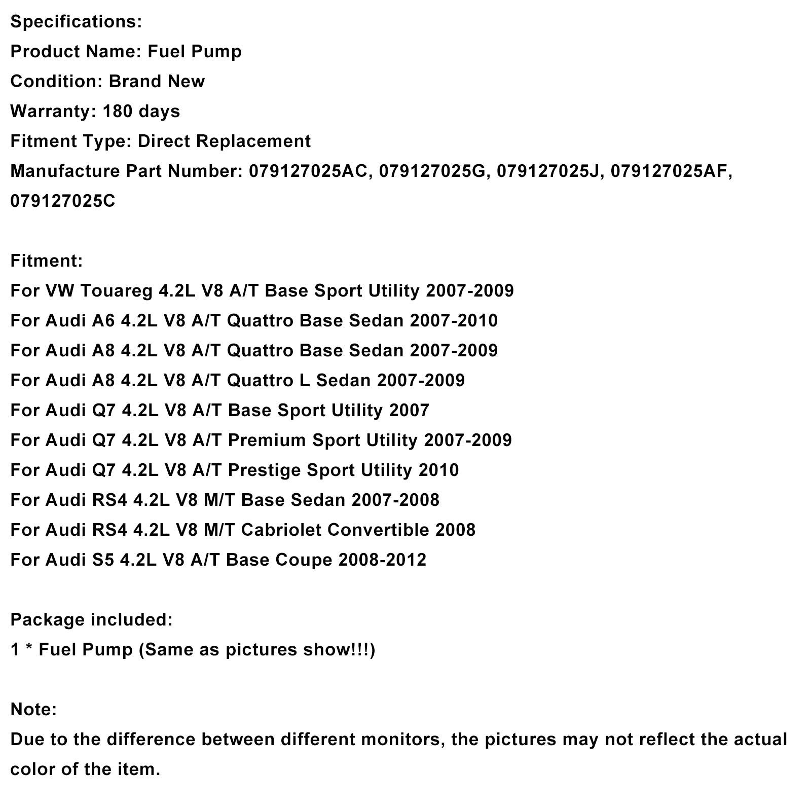 2007-2008 Audi RS4 4.2L V8 M/T Base Sedan Left High Pressure Fuel Pump 079127025AC