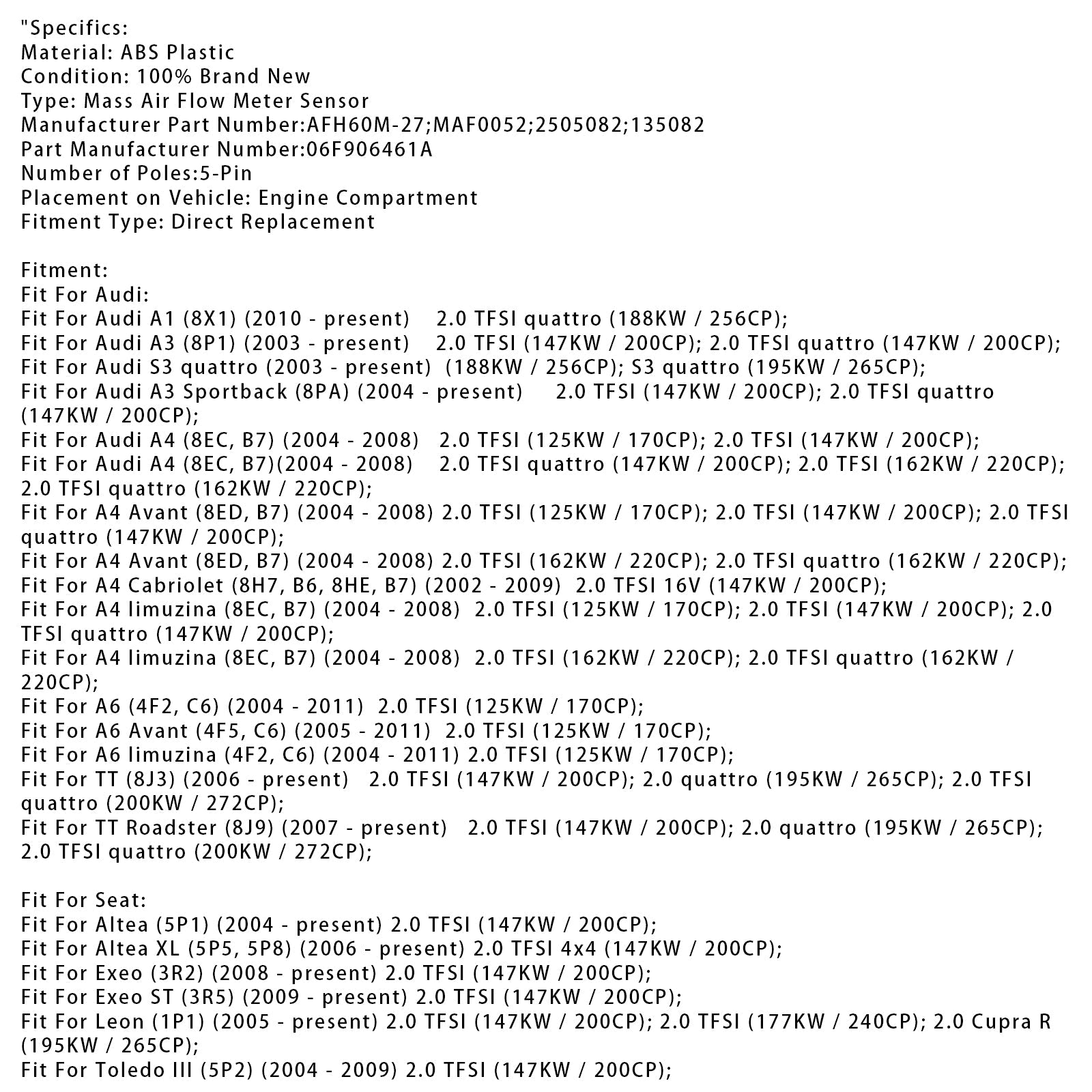 Mass Air Flow Meter Sensor For Audi A4 B7 S3 TT VW Golf GTI 2.0T 06F906461A