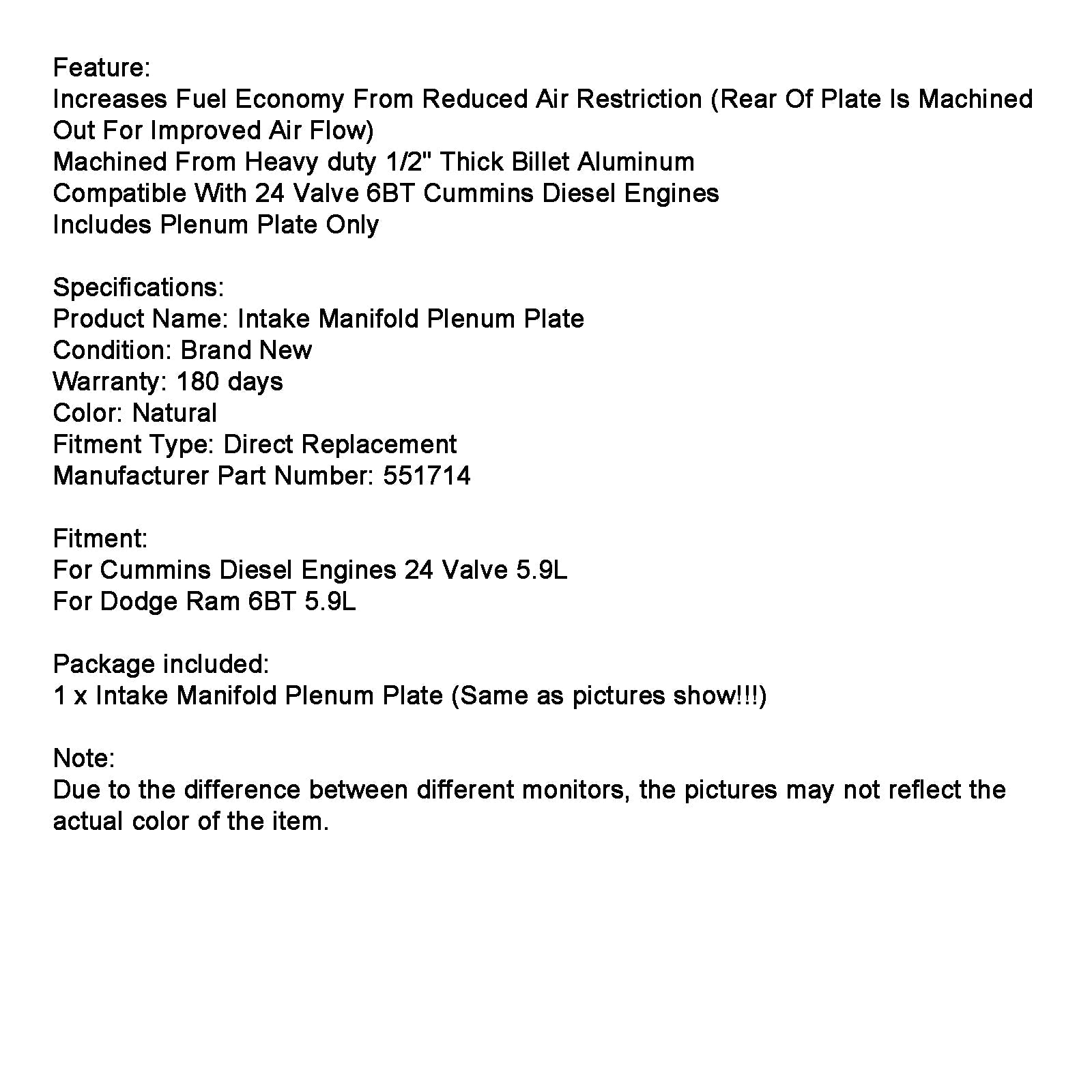 Cummins Diesel Engines 24 Valve 5.9L Intake Manifold Plenum Plate 24V 551714