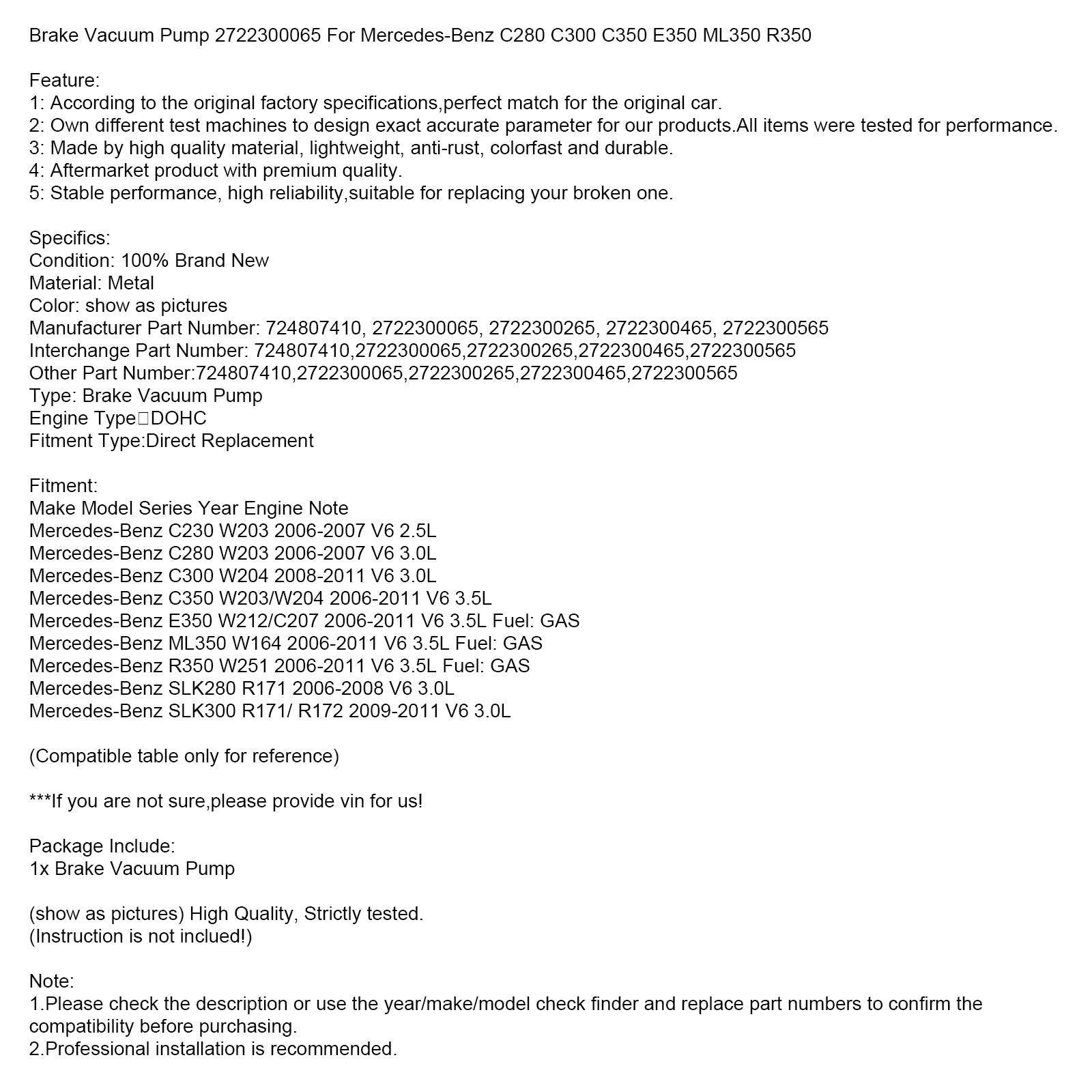 Brake Vacuum Pump 2722300065 For Mercedes-Benz C280 C300 C350 E350 ML350 R350