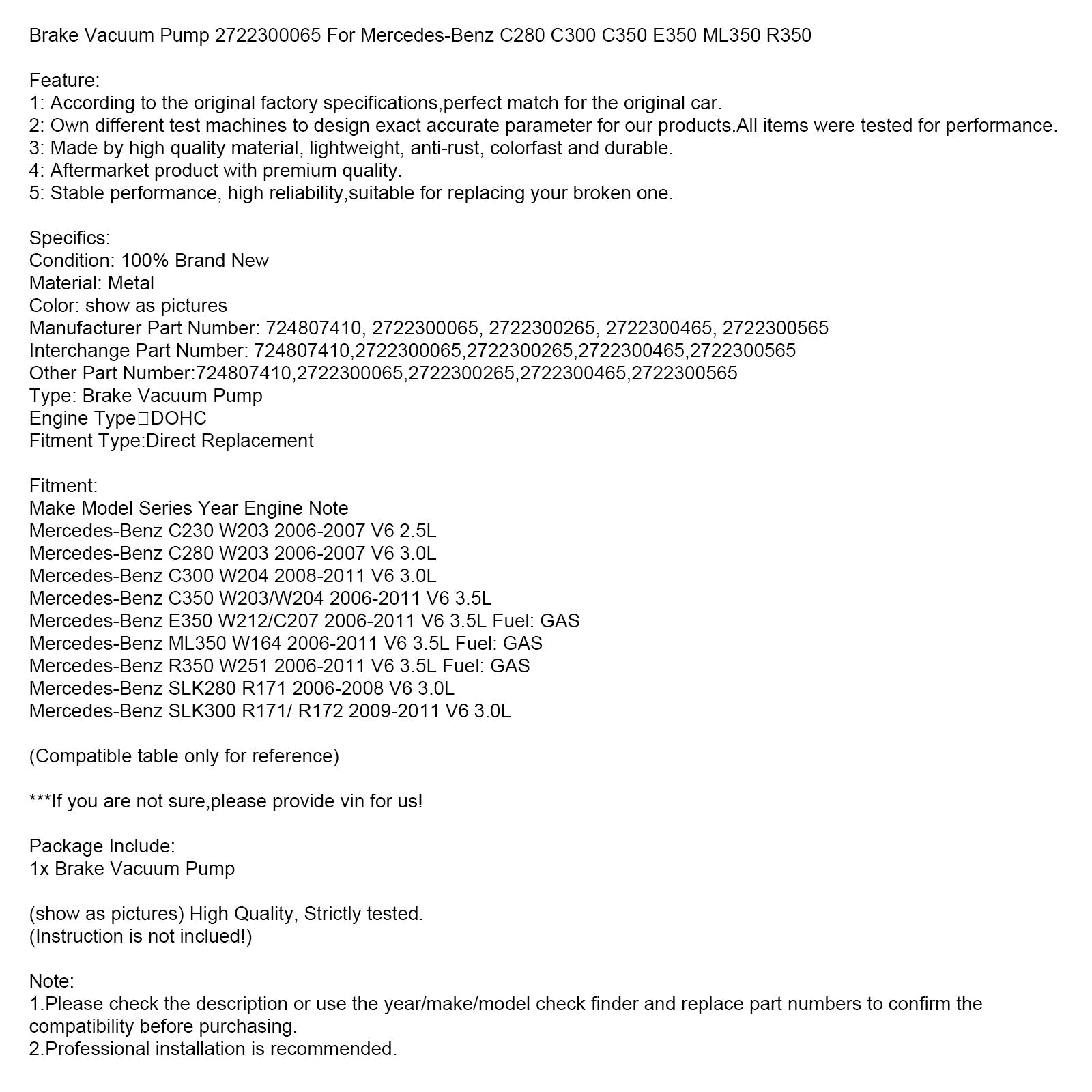 2006-2007 Mercedes-Benz C230 W203 V6 2.5L Brake Vacuum Pump 2722300065