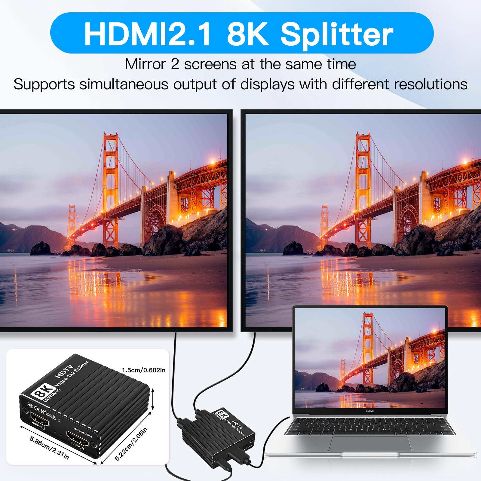 8K HDMI 1 to 2 Splitter HD2.1 8K60hz/4K120hz/1080P240hz with EDID Splitter 1x2