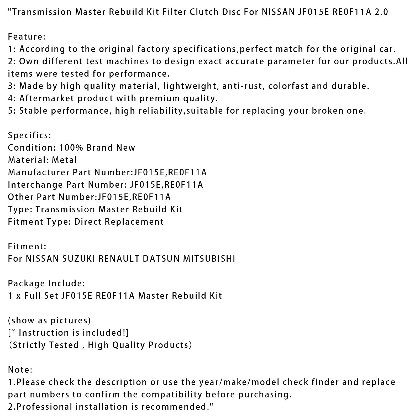 Transmission Master Rebuild Kit Filter Clutch Disc For NISSAN JF015E RE0F11A 2.0