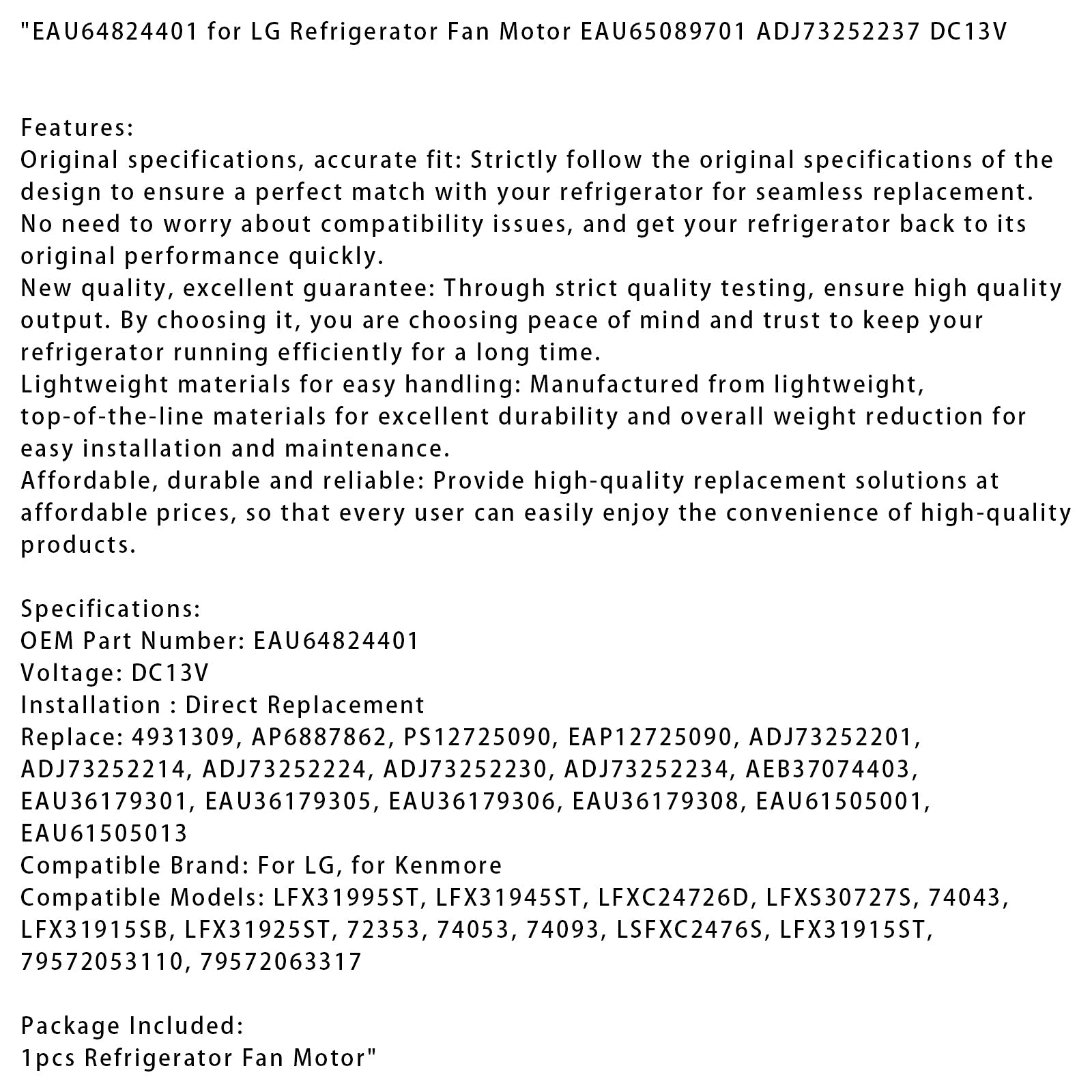 EAU64824401 for LG Refrigerator Fan Motor EAU65089701 ADJ73252237 DC13V