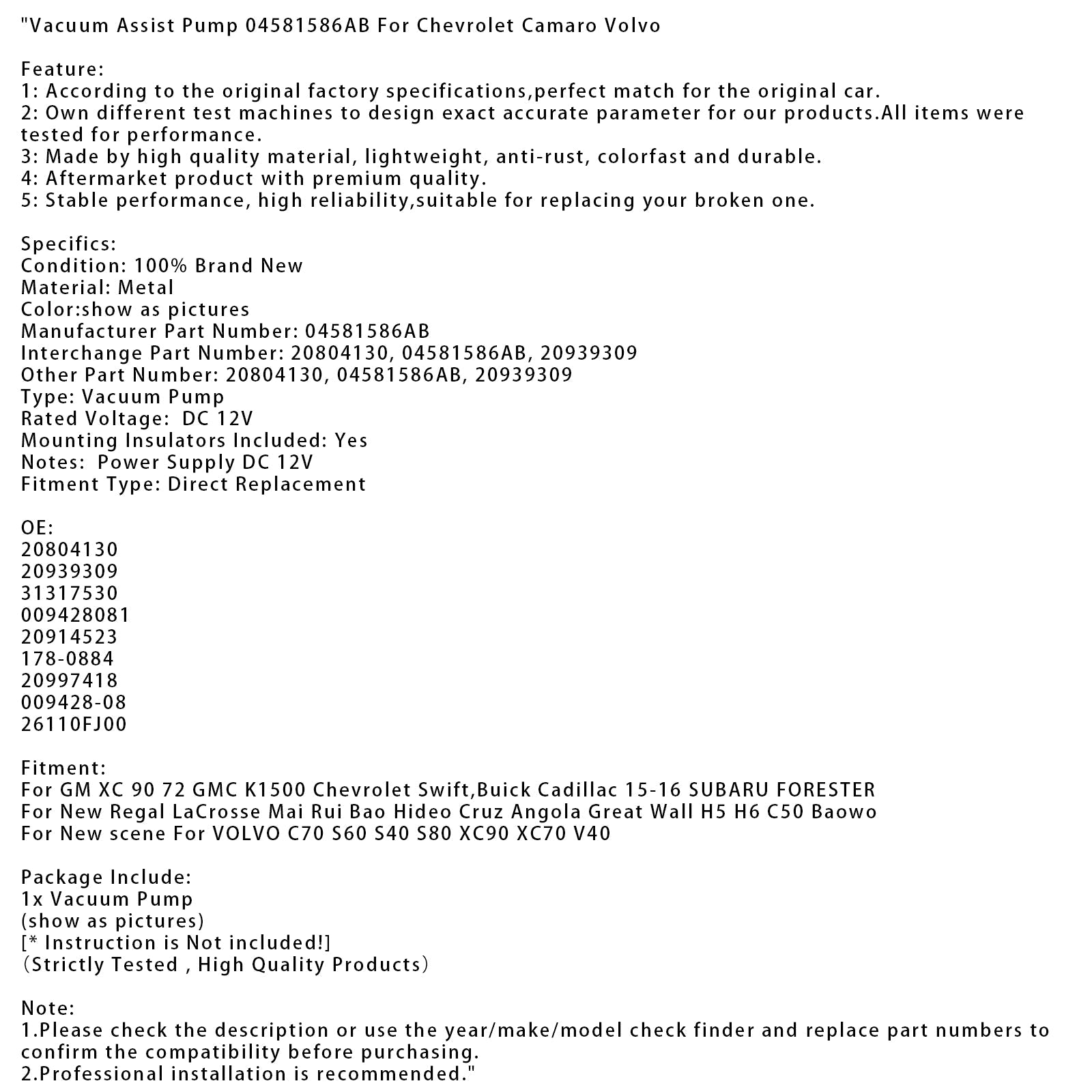 2012-2018 Jeep Wrangler JK JKU UP28 Vacuum Assist Pump 04581586AB 26110FJ00 20997418