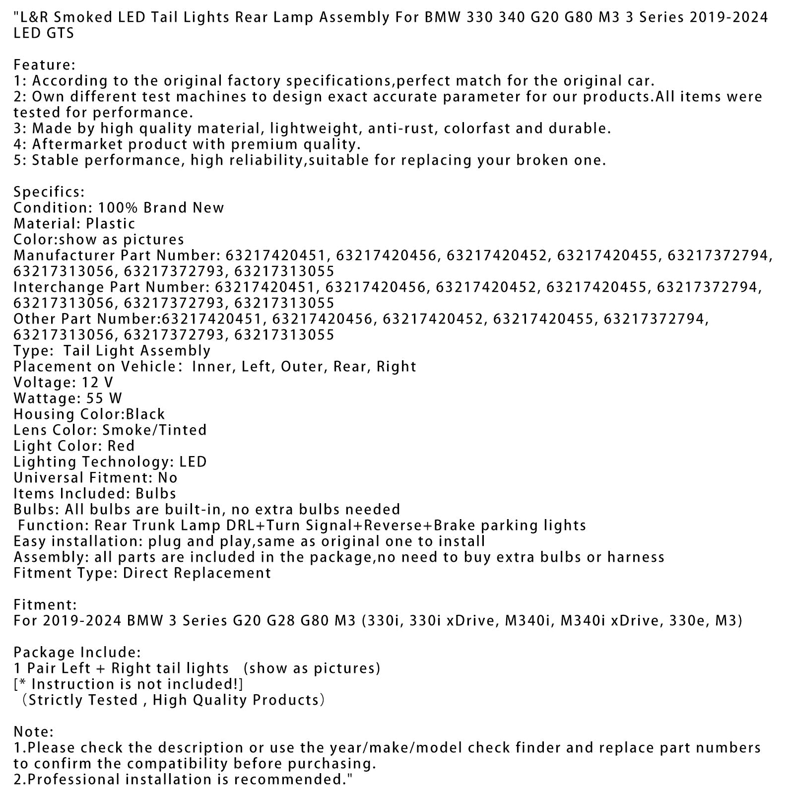 2019-2024 BMW 3 Series G20 G28 G80 M3 L&R Smoked LED Tail Lights Rear Lamp Assembly