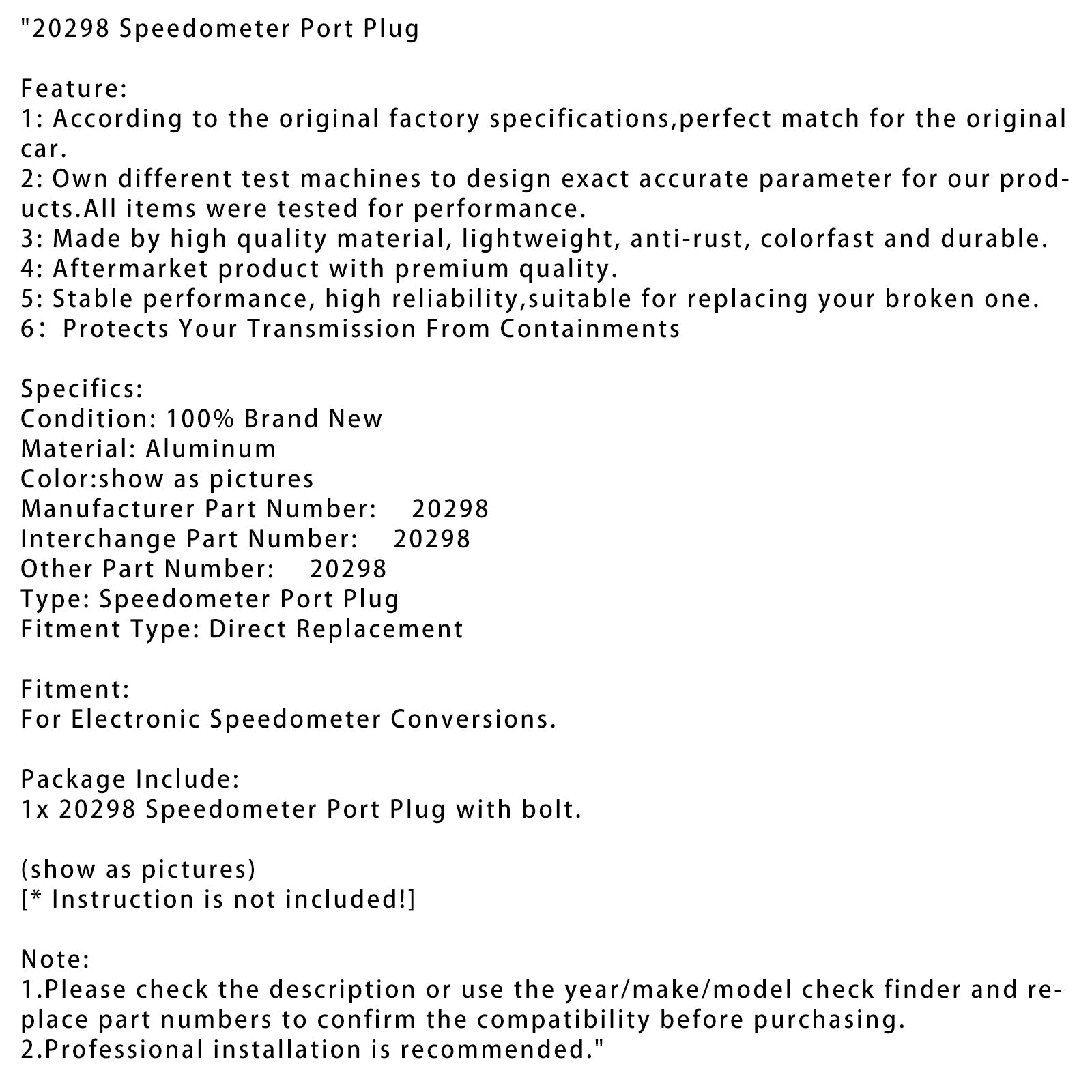 20298 Speedometer Port Plug