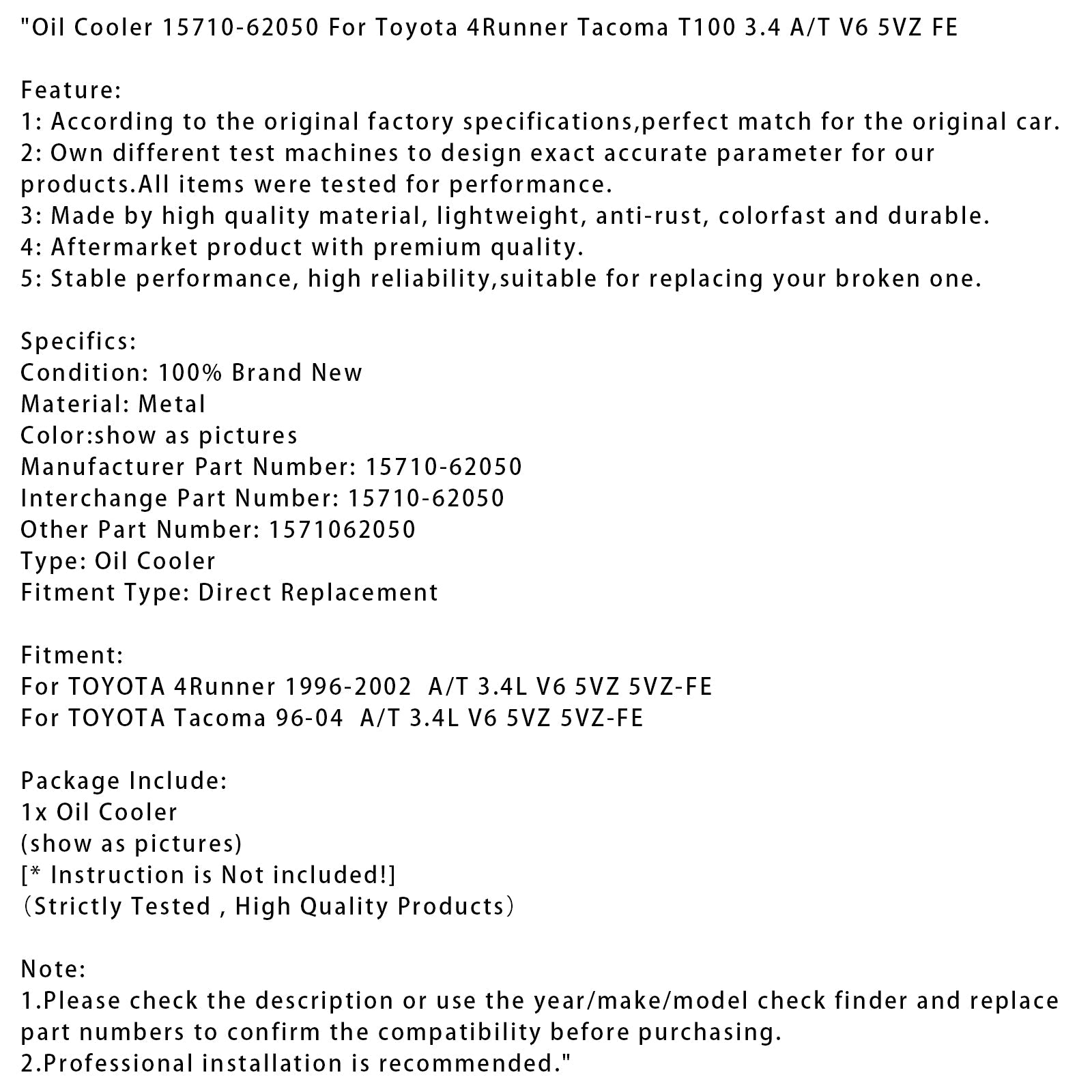 Oil Cooler 15710-62050 For Toyota 4Runner Tacoma T100 3.4 A/T V6 5VZ FE
