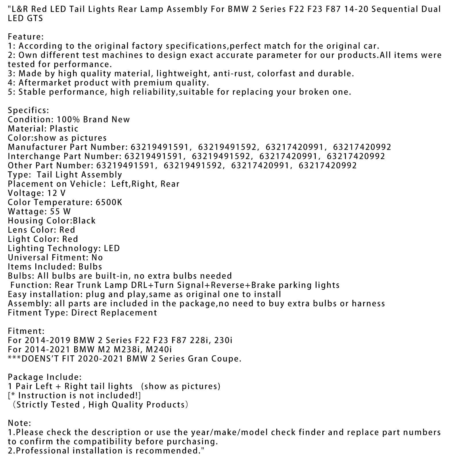 2014-2021 BMW M2 M238i, M240i L&R Red LED Tail Lights Rear Lamp Assembly 63219491591