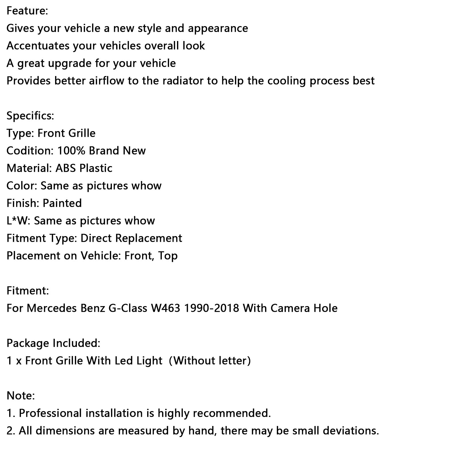 광택 블랙 프론트 범퍼 그릴 그릴 메르세데스 벤츠 W463 1990-2018 LED 장착