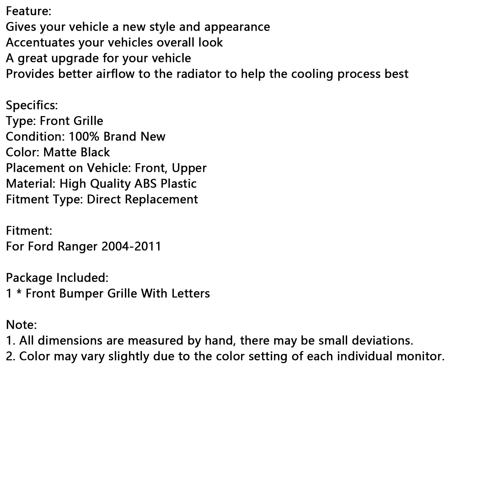 Matt Black Front Bumper Grill Grille Fit Ford Ranger 2004-2011 With LED Light