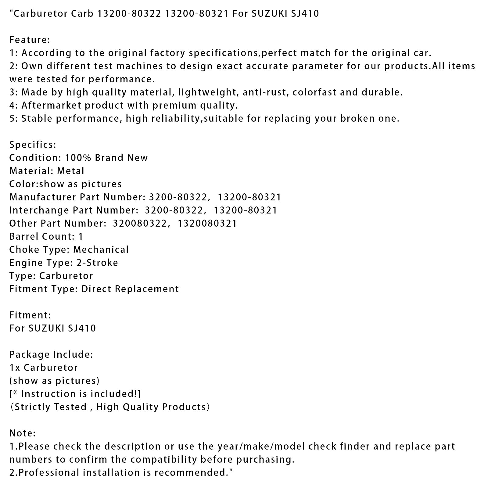SUZUKI SJ410 Carburetor Carb 13200-80322 13200-80321
