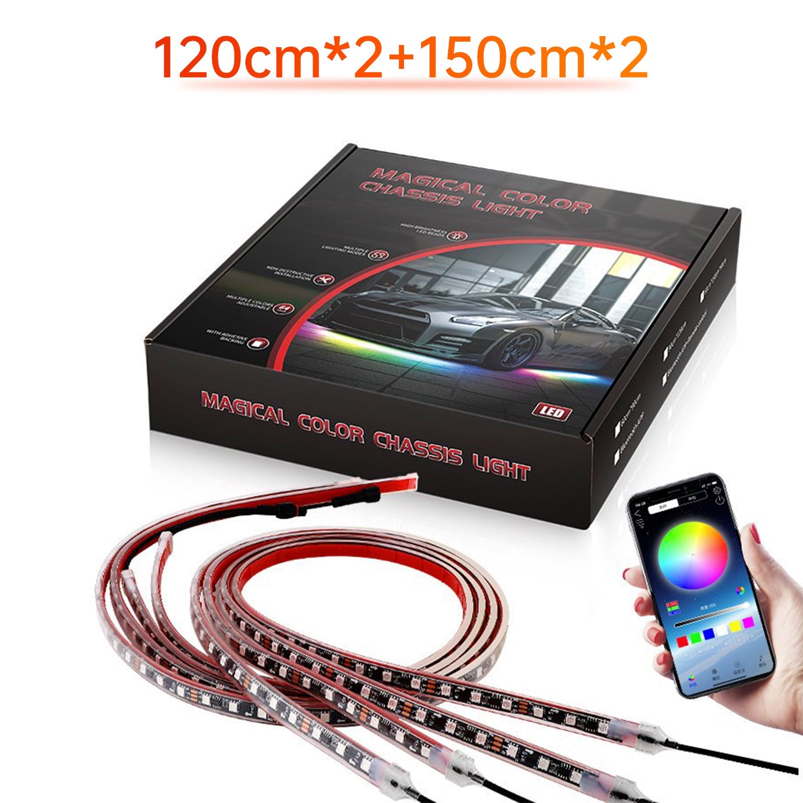 4Pcs LED Chassis Light Modified With Fantasy Ambient Light APP Controller 120cm*2+150cm*2