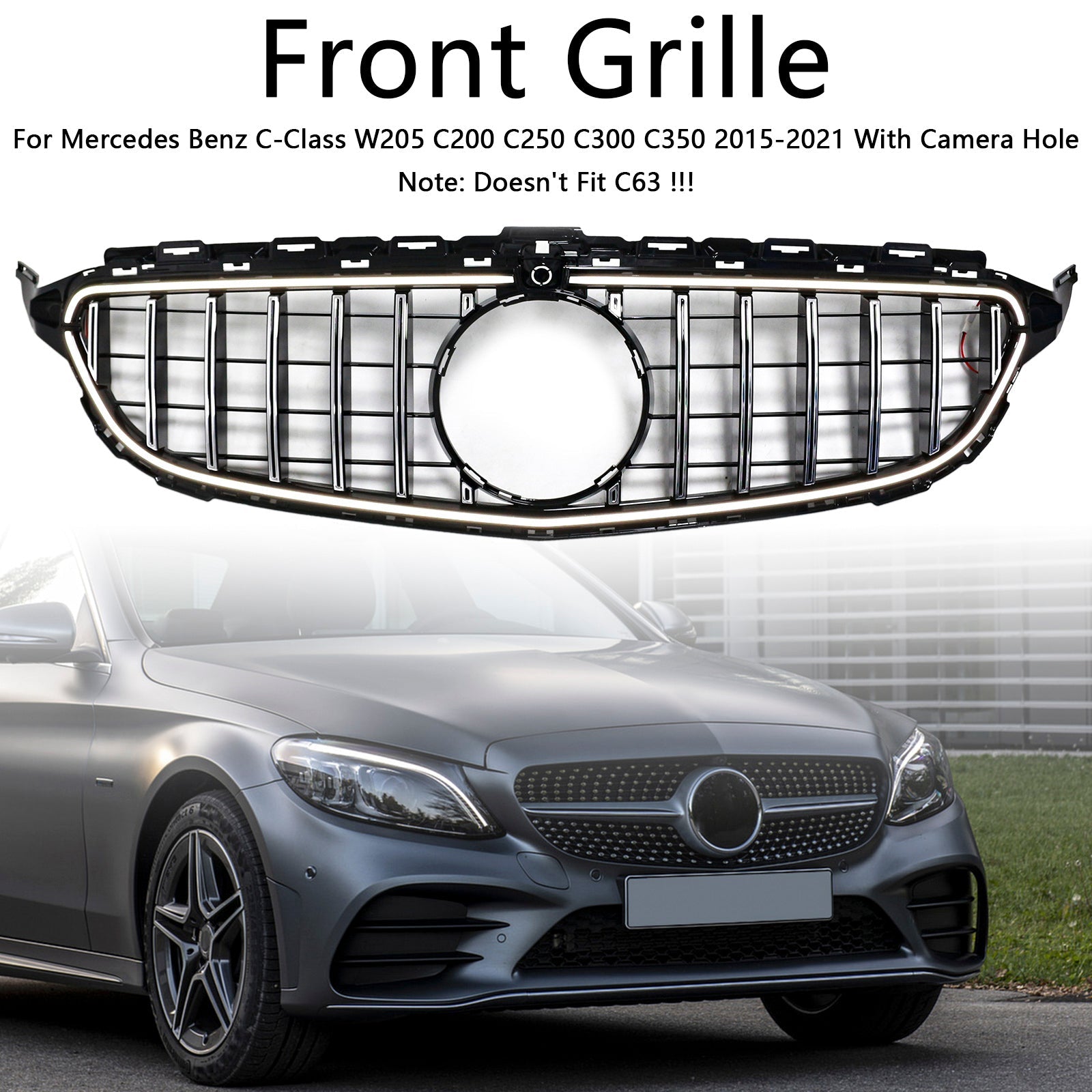 Chrome Front Bumper Grill Grille Fit Mercedes W205 C250 C300 2015-2021 W/LED