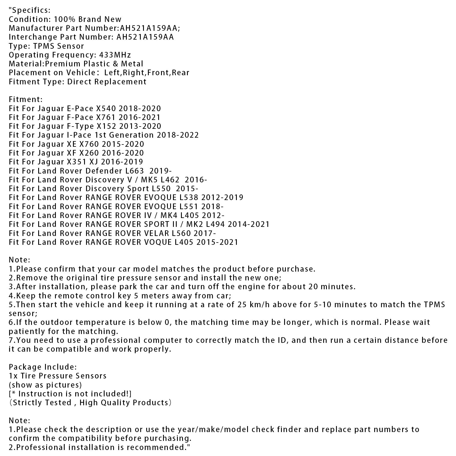 1X TPMS Tire Pressure Sensor For Land Rover Jaguar AH521A159AA