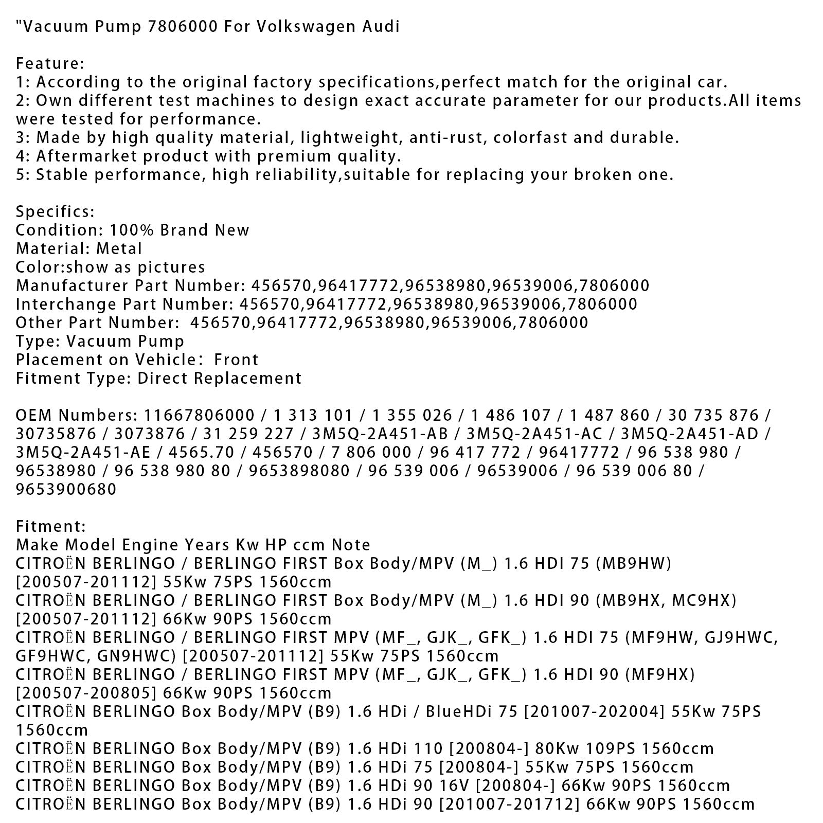 Vacuum Pump 7806000 For Volkswagen Audi