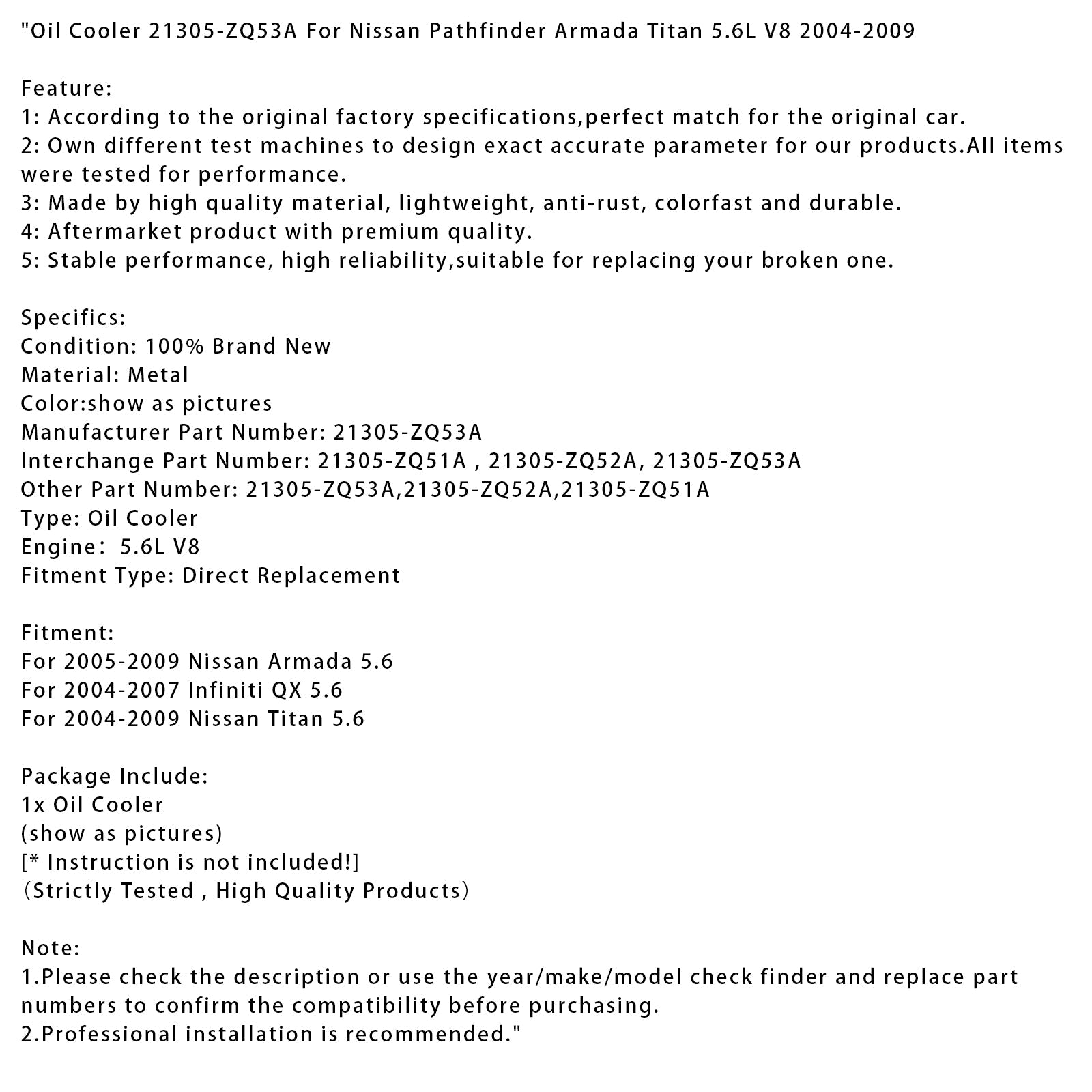 2005-2009 Nissan Armada 5.6 Oil Cooler 21305-ZQ53A