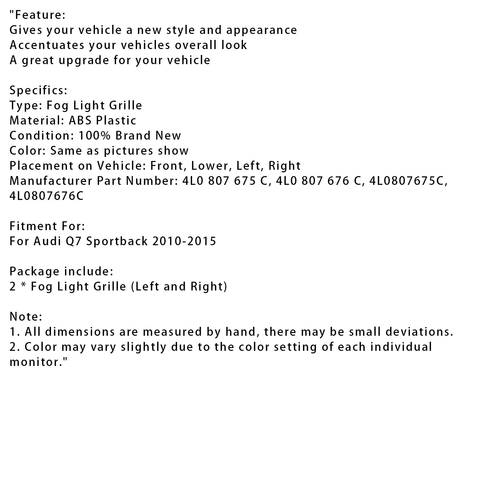 2010-2015 Audi Q7 Sportback 2PCS Front Bumper Fog Light Grill Lamp Cover