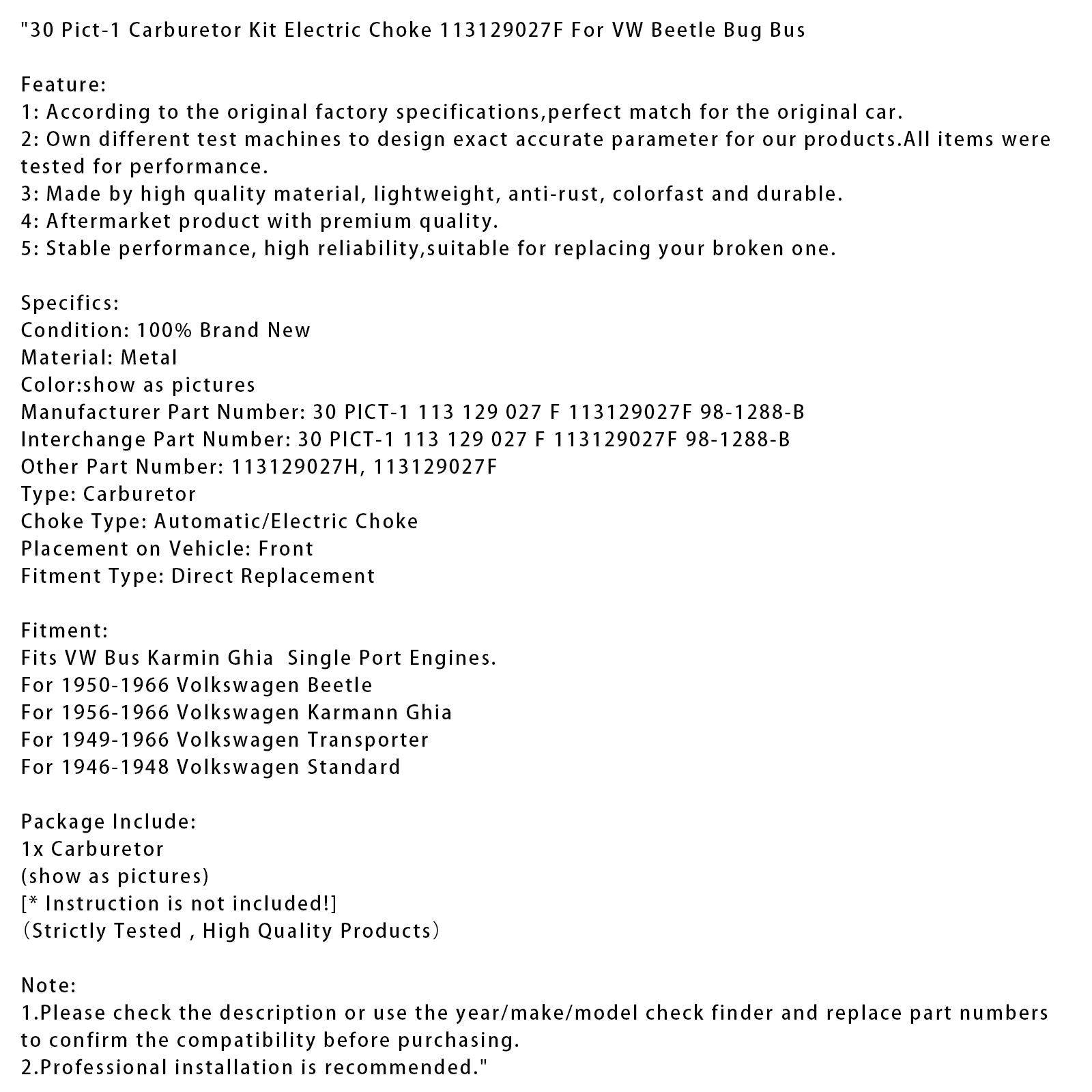 1956-1966 Volkswagen Karmann Ghia 30 Pict-1 Carburetor Kit Electric Choke 113129027F