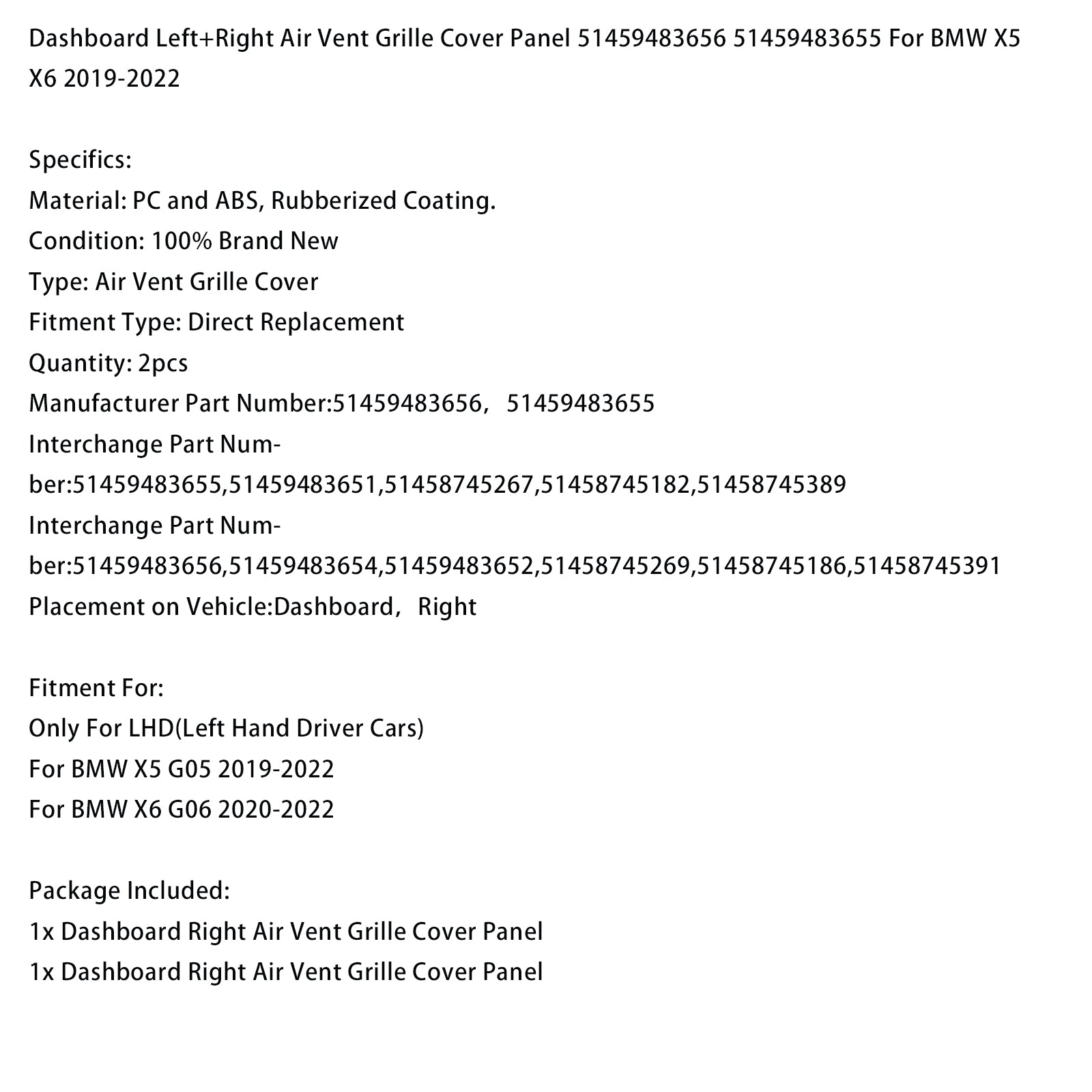 2020-2022 BMW X6 G06 Dashboard Left+Right Air Vent 51459483656 51459483655