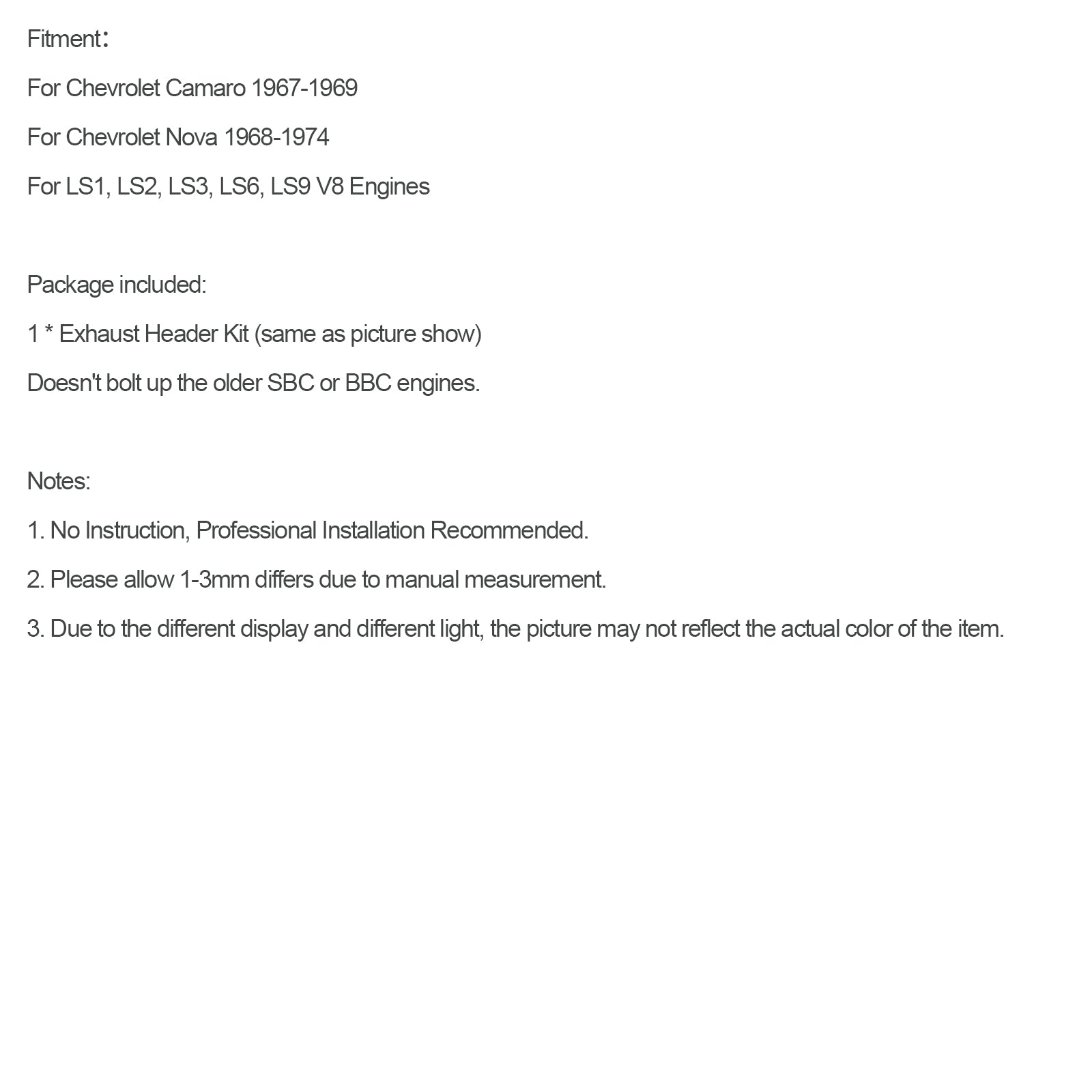 Longtube LS 변환 배기 헤더 피팅 시보레 카마로 67-69 Nova V8 68-74