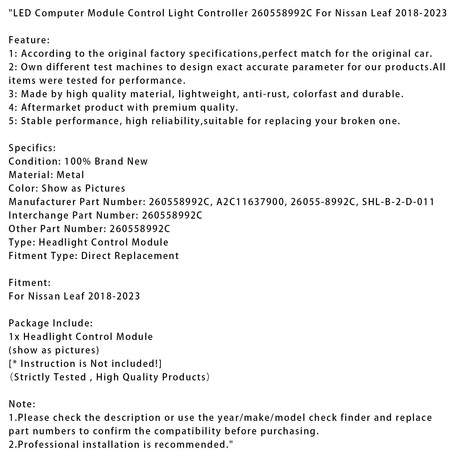 2018-2023 Nissan Leaf LED Computer Module Control Light Controller 260558992C
