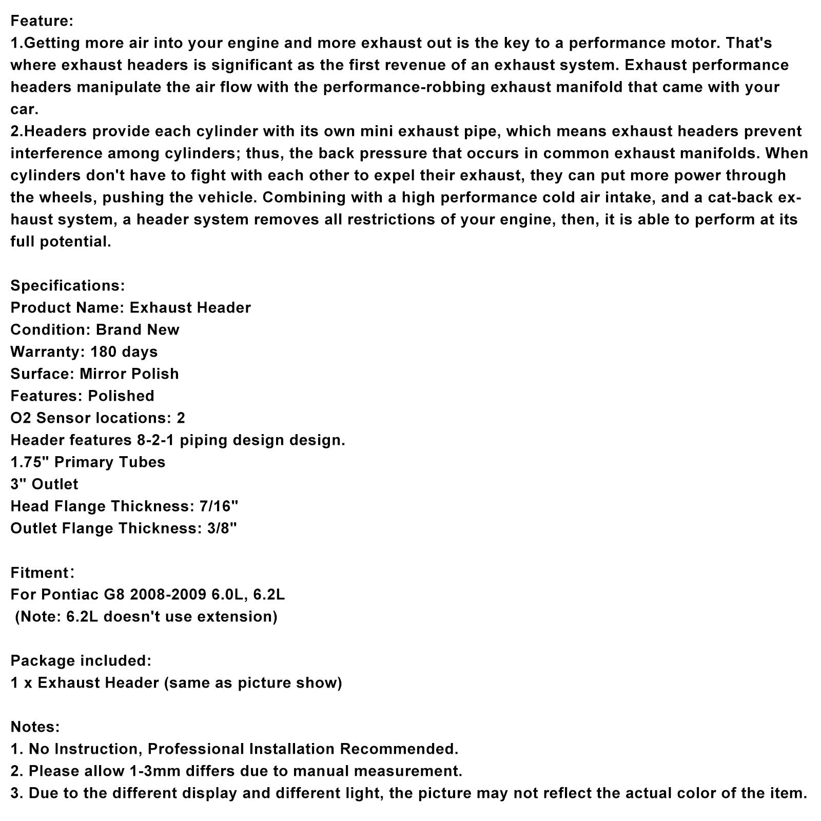 2008-2009 Pontiac G8 6.0L 6.2L Stainless Steel Exhaust Manifold Header