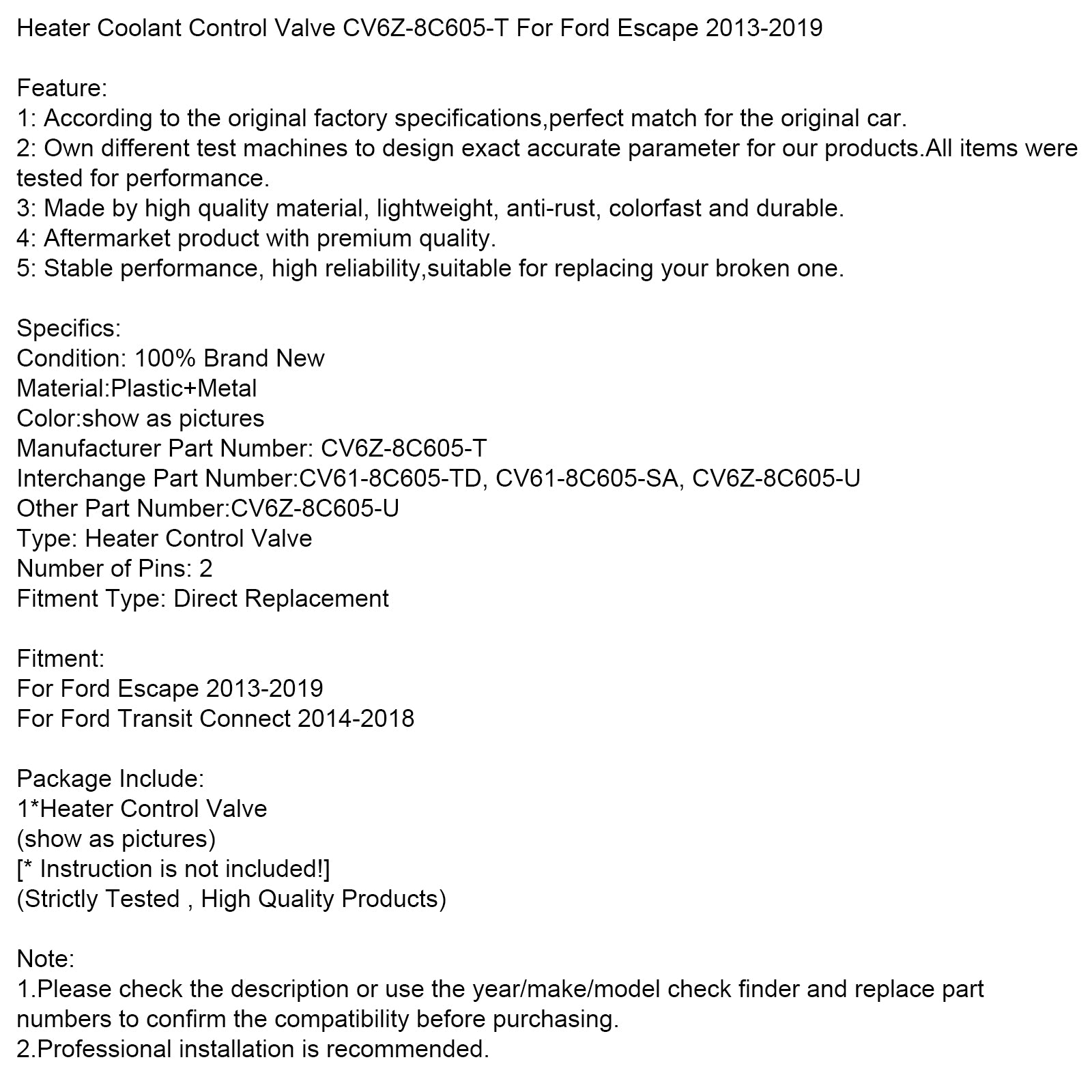 Heater Coolant Control Valve CV6Z-8C605-T For Ford Escape 2013-2019