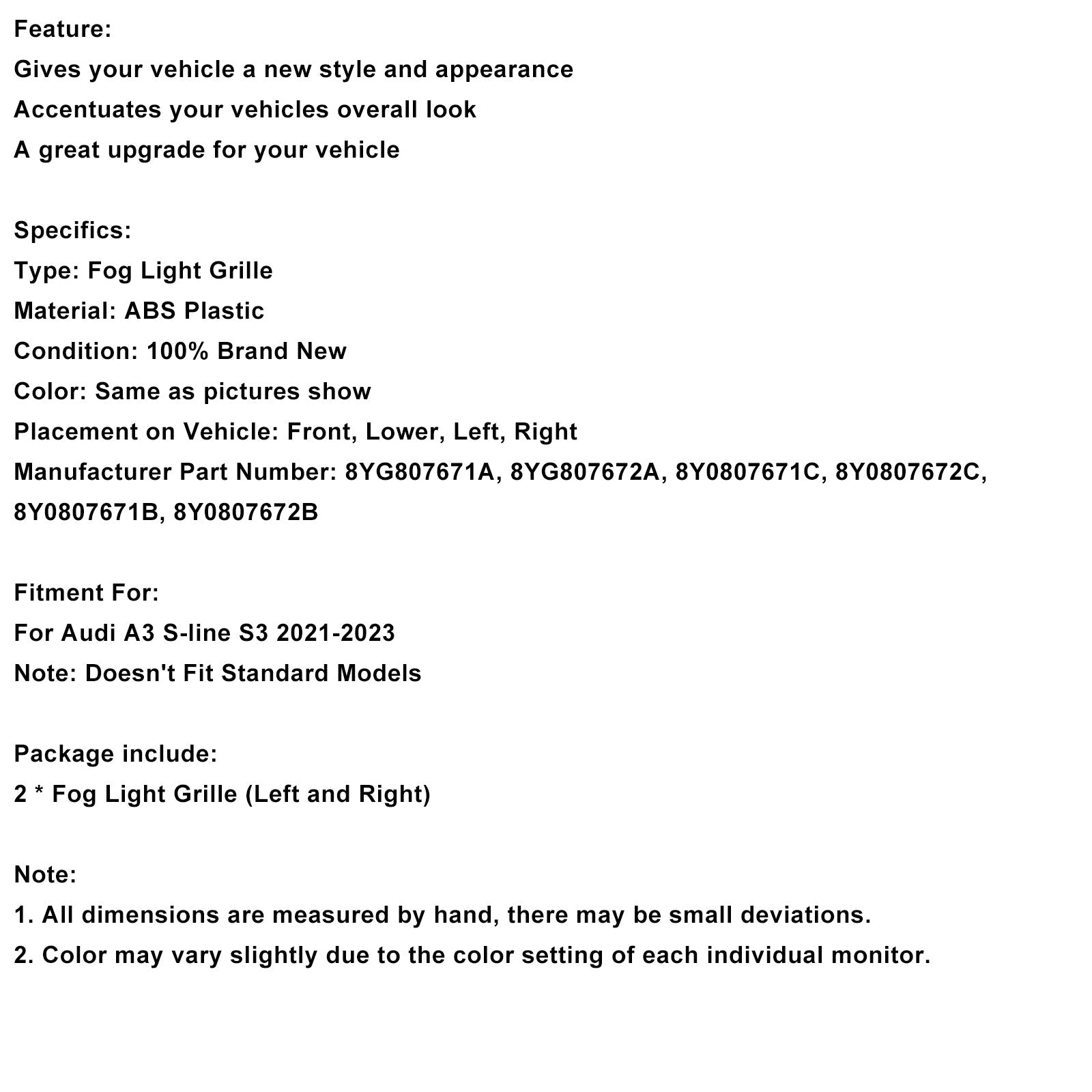 2021-2023 Audi A3 S-line Black Front Honeycomb Fog Light Grill Cover