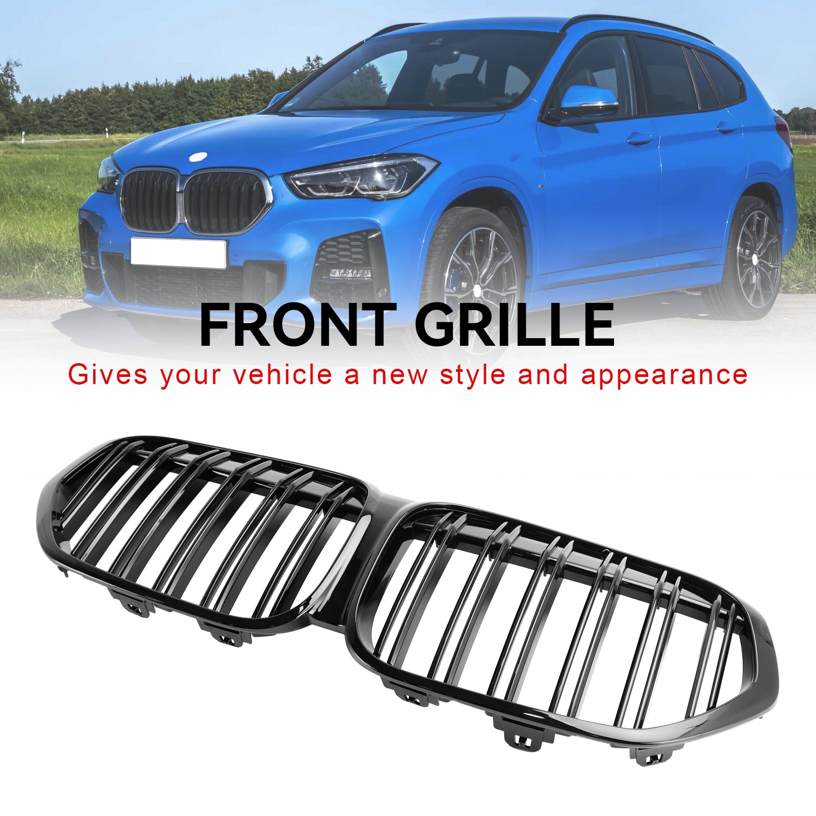 BMW X1 F48 F49 2019-2021 Dual Slat Gloss Black Front Kidney Grille Grill