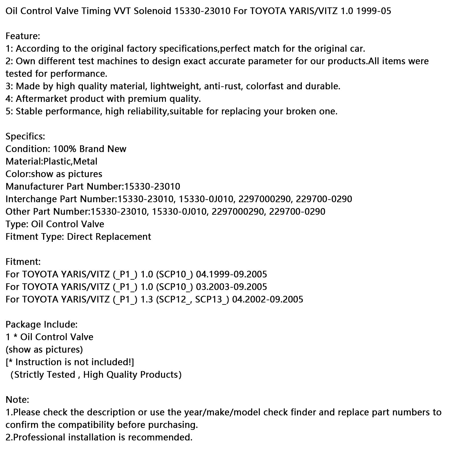 Oil Control Valve Timing VVT Solenoid 15330-23010 For TOYOTA YARIS 1999-05