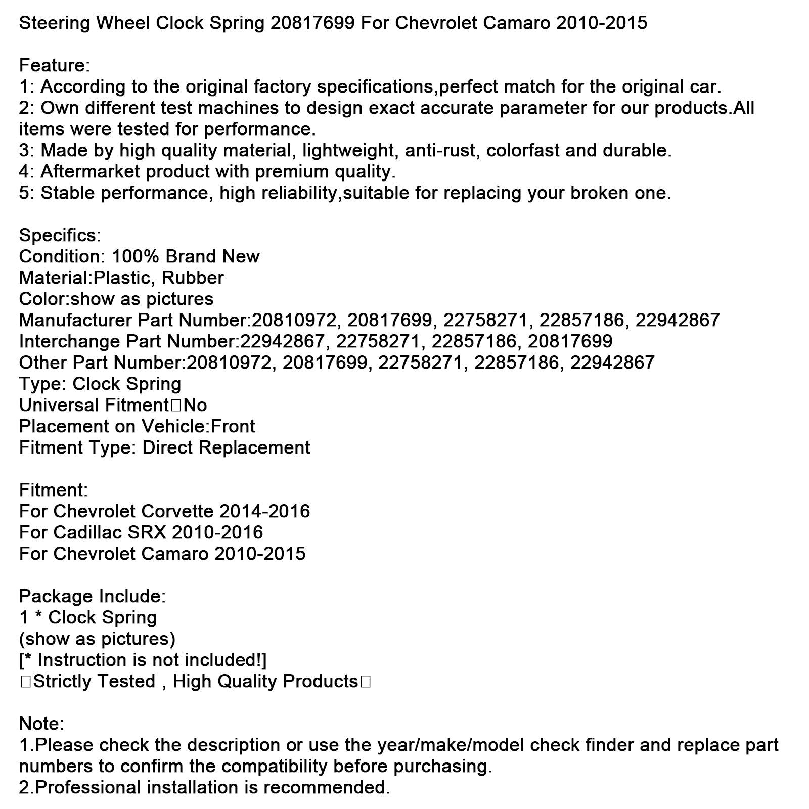 Steering Wheel Clock Spring 20817699 For Chevrolet Camaro 2010-2015