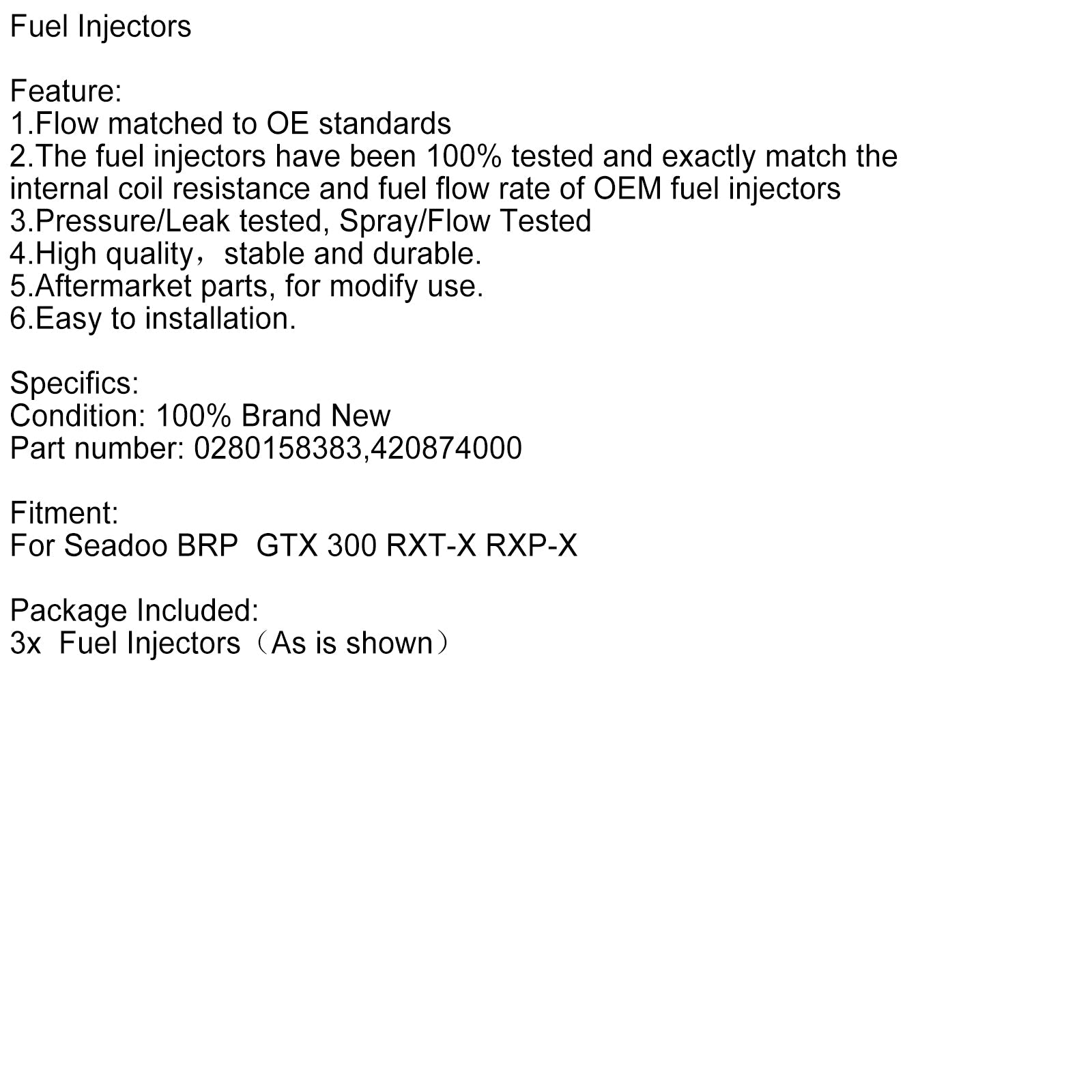 Sea Doo BRP GTX 300 RXT-X RXP-X 3PCS 0280158383 Fuel Injectors 420874000