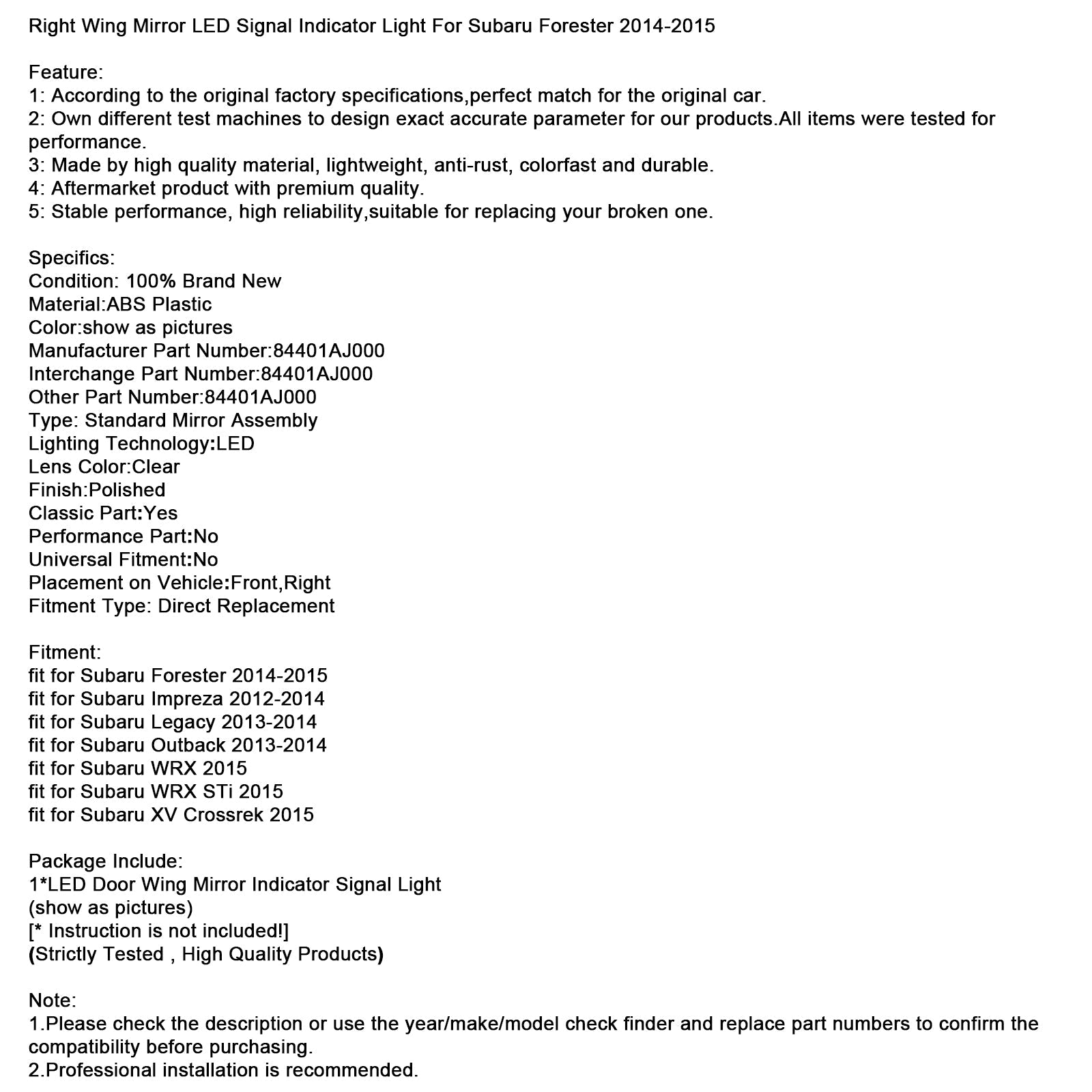 Right Wing Mirror LED Signal Indicator Light For Subaru Forester 2014-2015