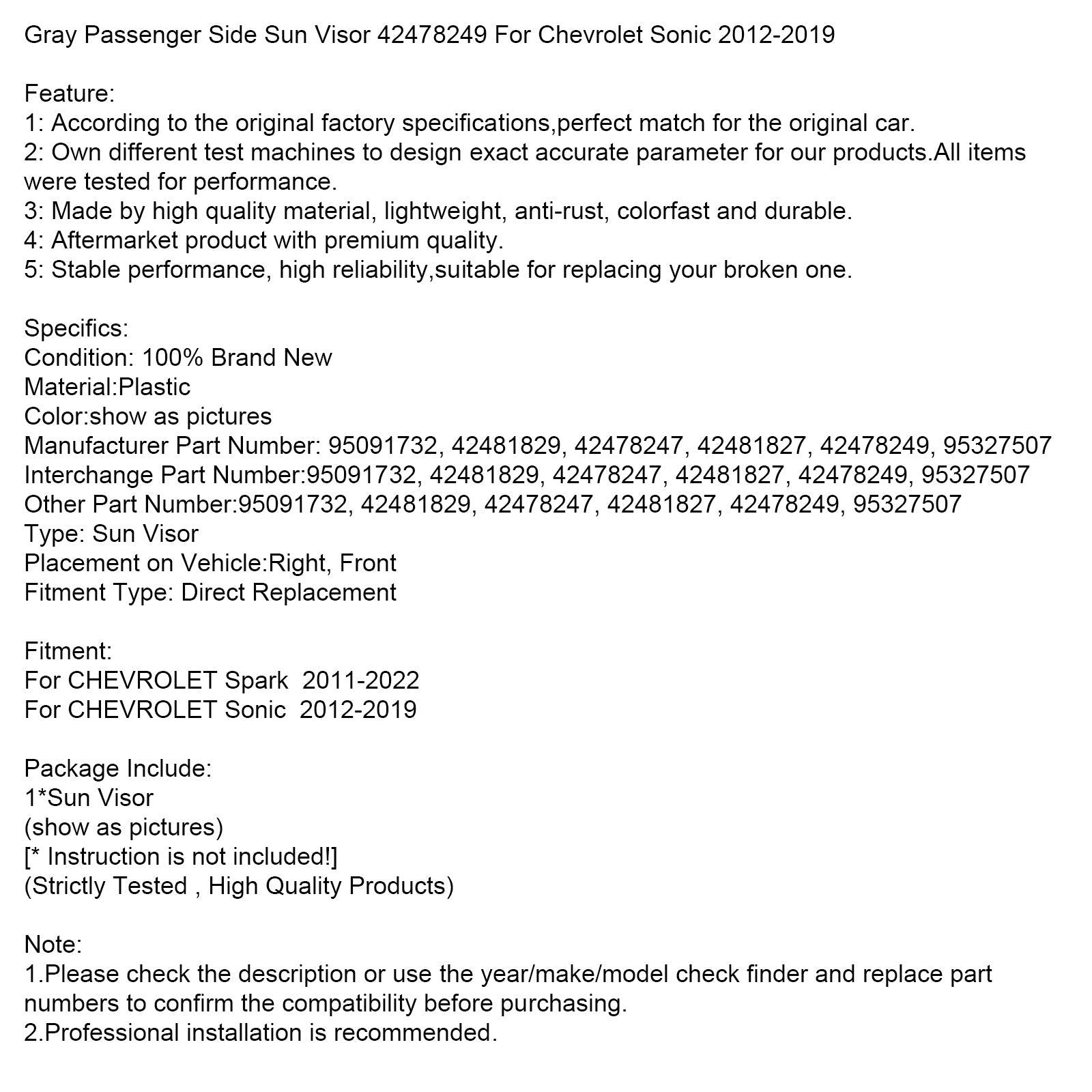 Gray Right Side Sun Visor 42478249 For Chevrolet Sonic 2012-2019