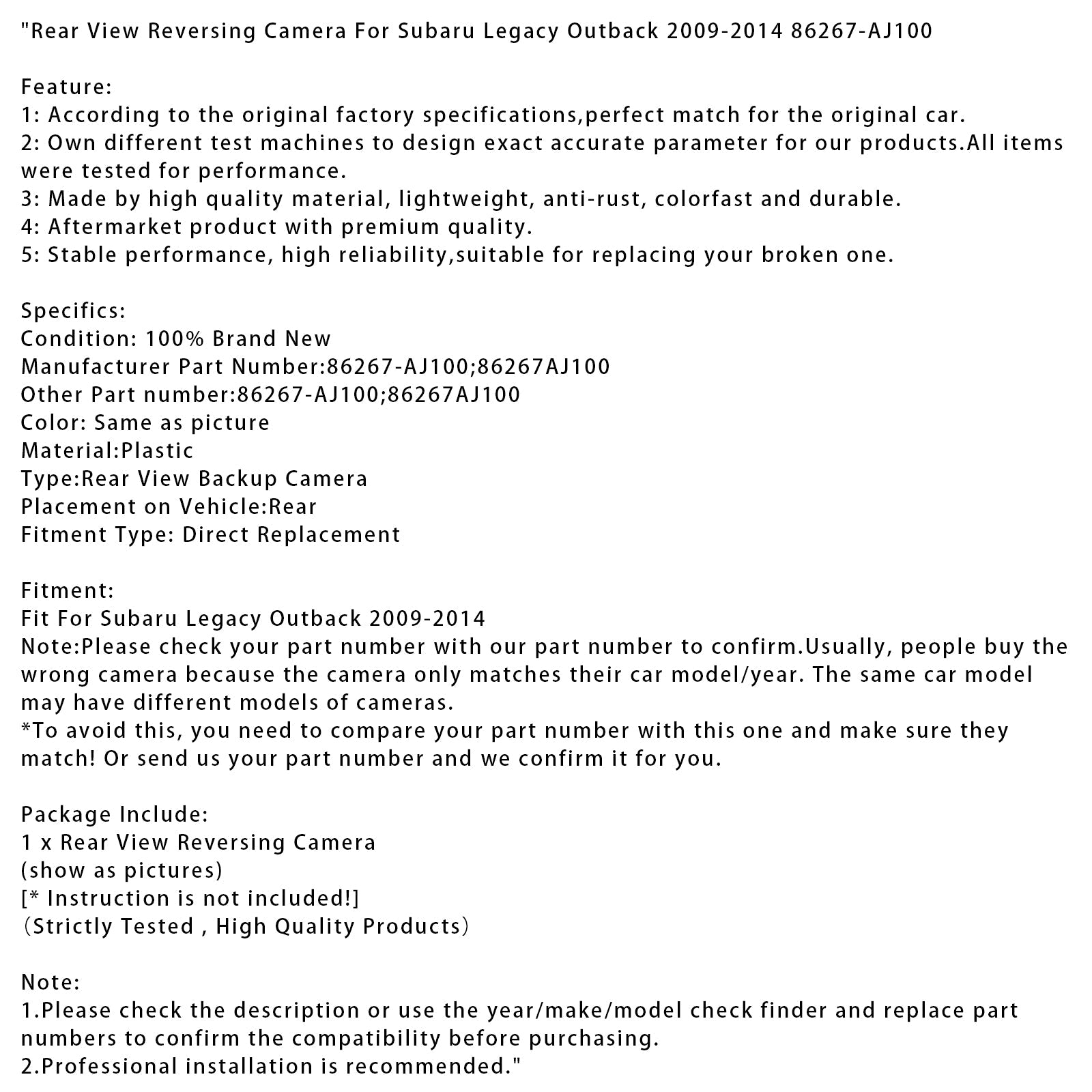 2009-2014 Subaru Legacy Outback Rear View Reversing Camera 86267-AJ100