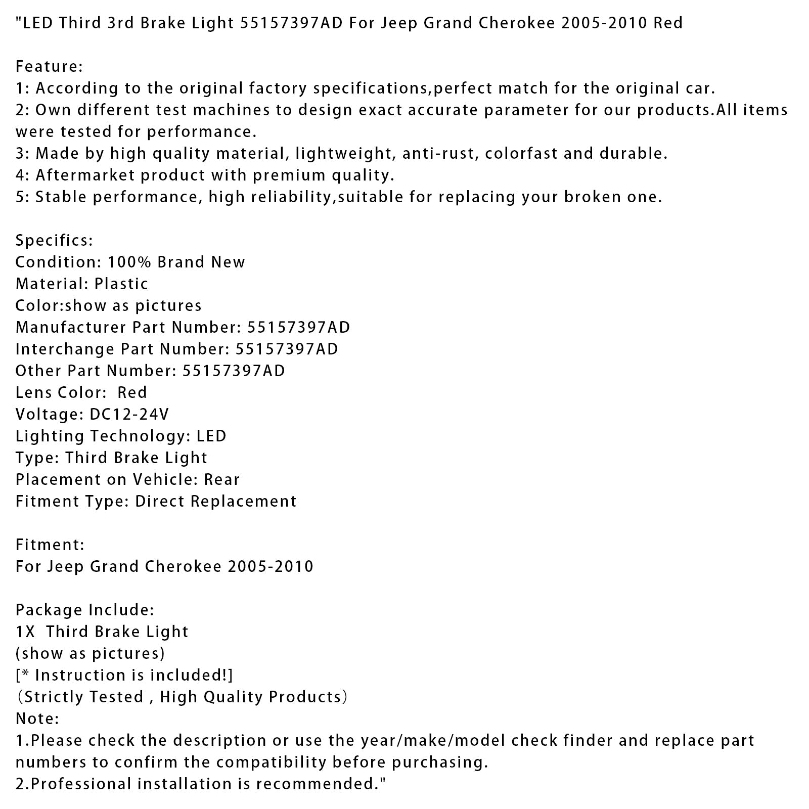 2005-2010 Jeep Grand Cherokee LED Third 3rd Brake Light 55157397AD Red