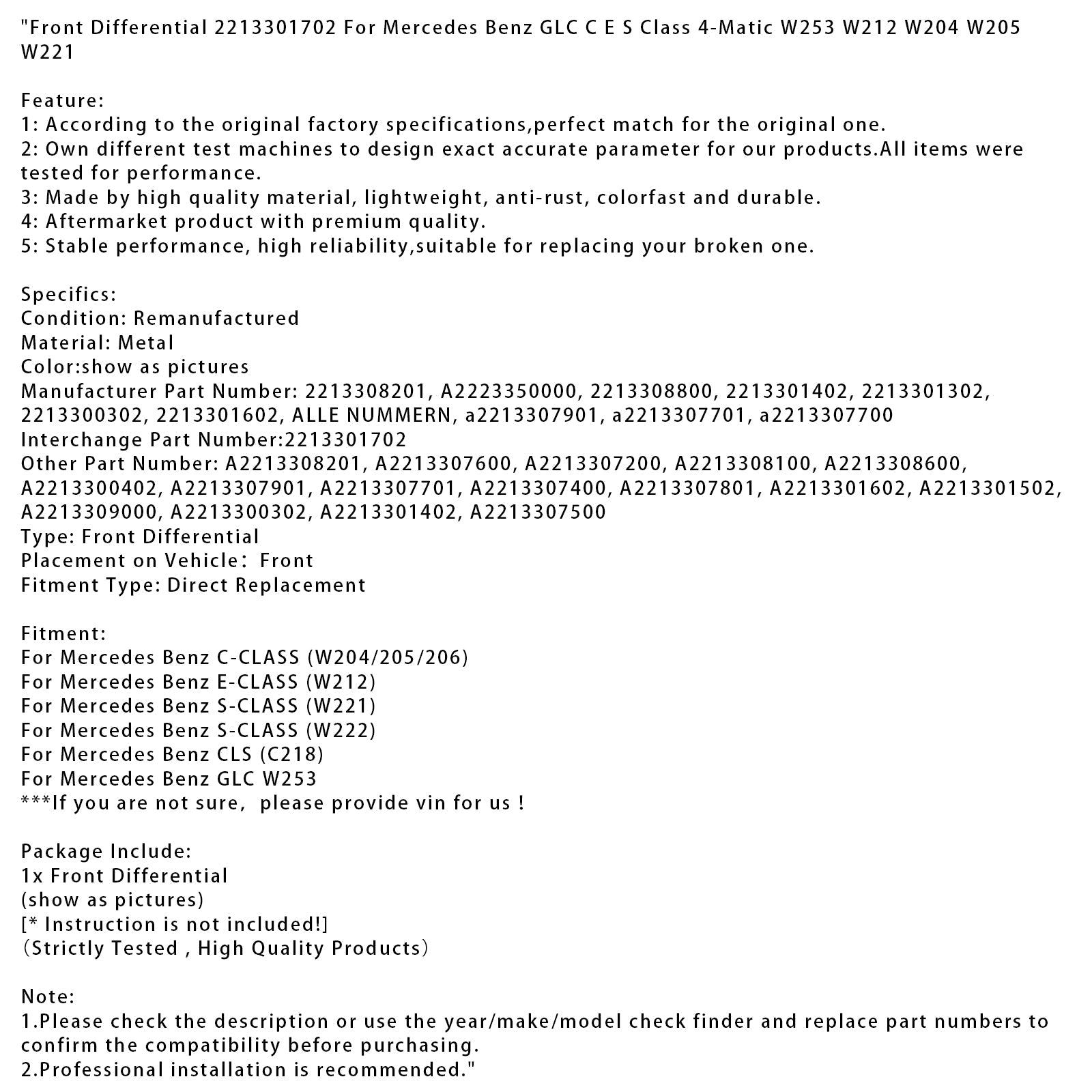 Mercedes Benz C-CLASS (W204/205/206) Front Differential 2213301702