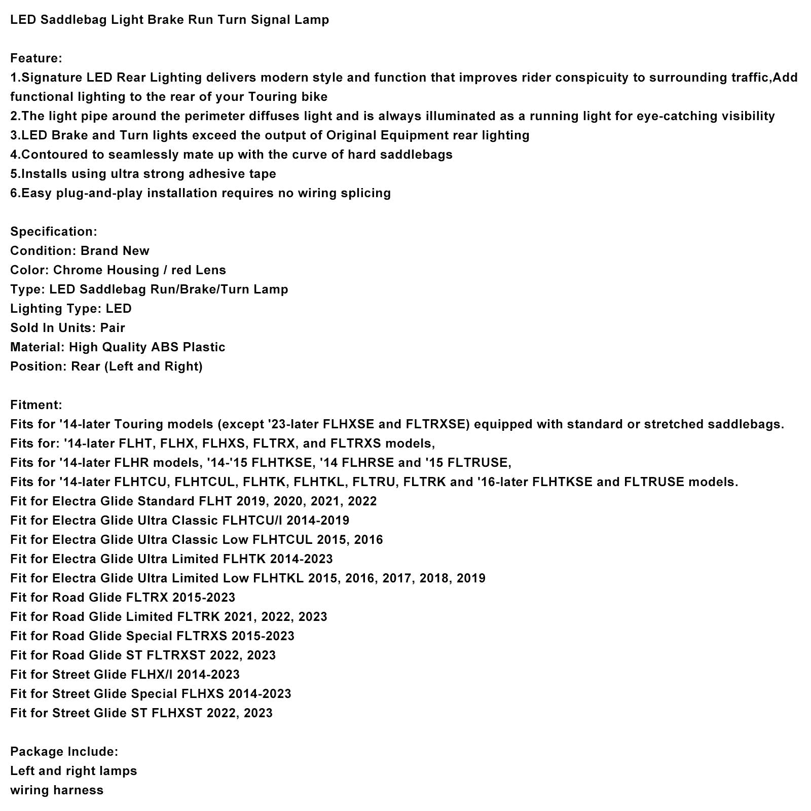 Saddlebag Light Brake Run Turn Signal Lamp For Touring Road Glide 2014-2023